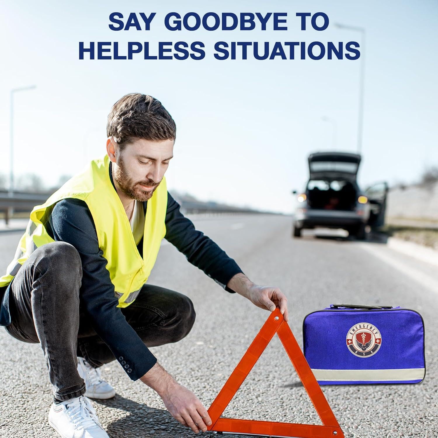 Roadside Car Emergency Kit - First Aid Set, Jumper Cables, Tow Strap, Led Flash Light, Rain Coat, Tire Pressure Gauge, Safety Ve