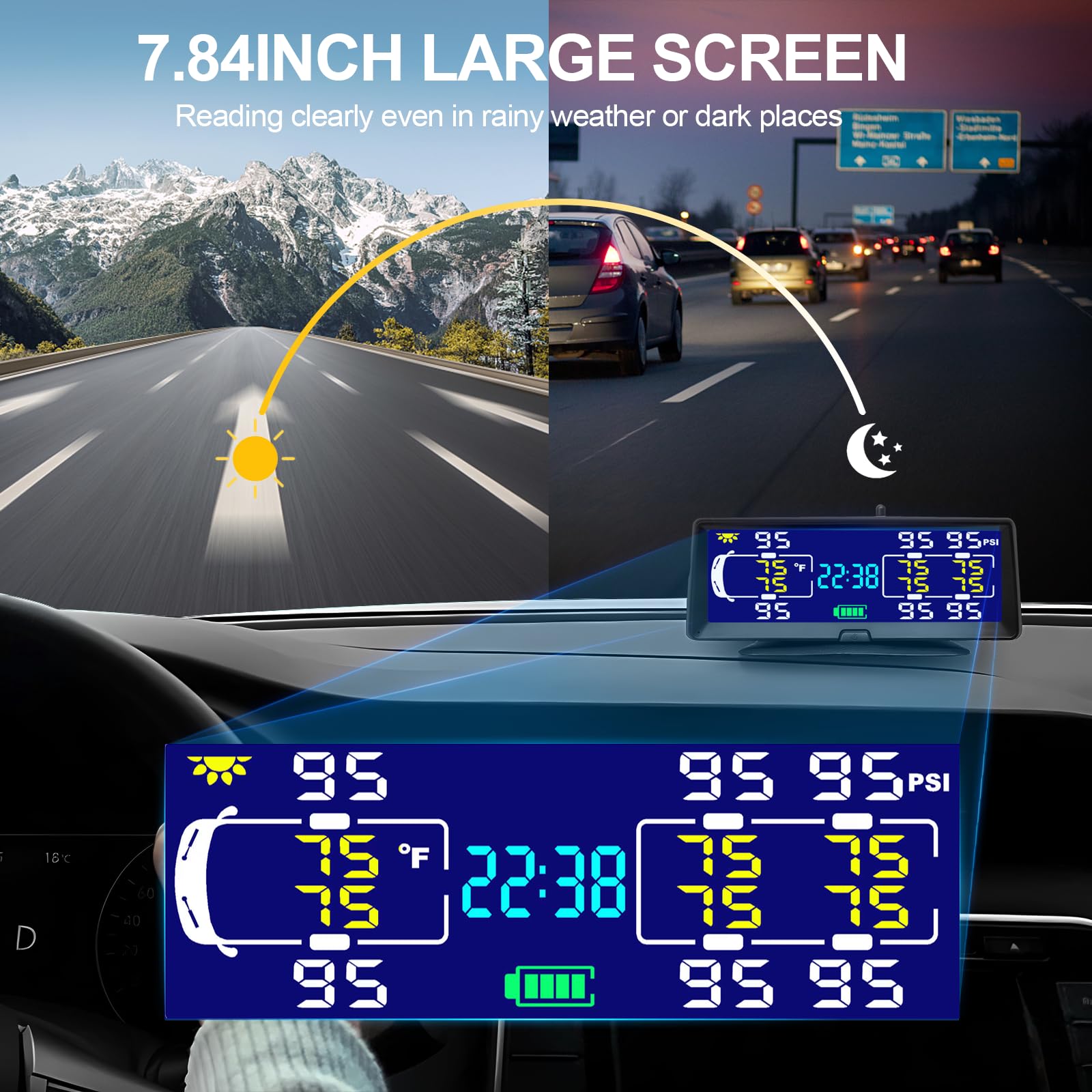 Hieha RV Tire Pressure Monitoring System, 7.84” Solar TPMS, 6 Sensors, Real-time Pressure & Temperature Monitoring, Model CZ-TYJC-4Tires