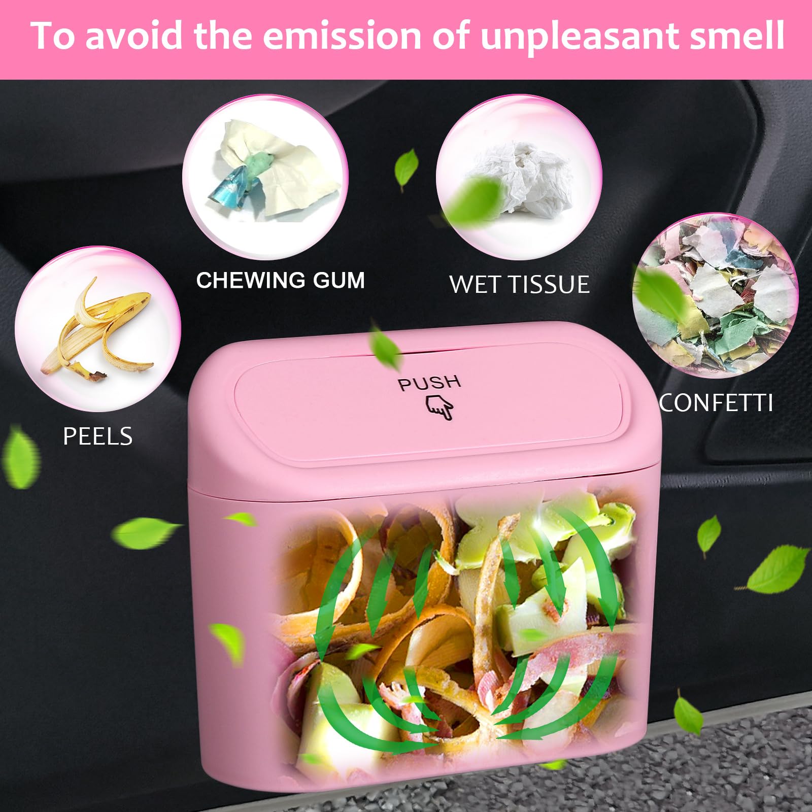 Accmor Car Trash Can With Lid, 2 Pack Pink Mini Vehicle Trash Bin Car Dustbin Garbage Organizer Holder With Trash Bag, Small Hanging Leakproof Auto Storage Bag Container For Car Suv Home Office