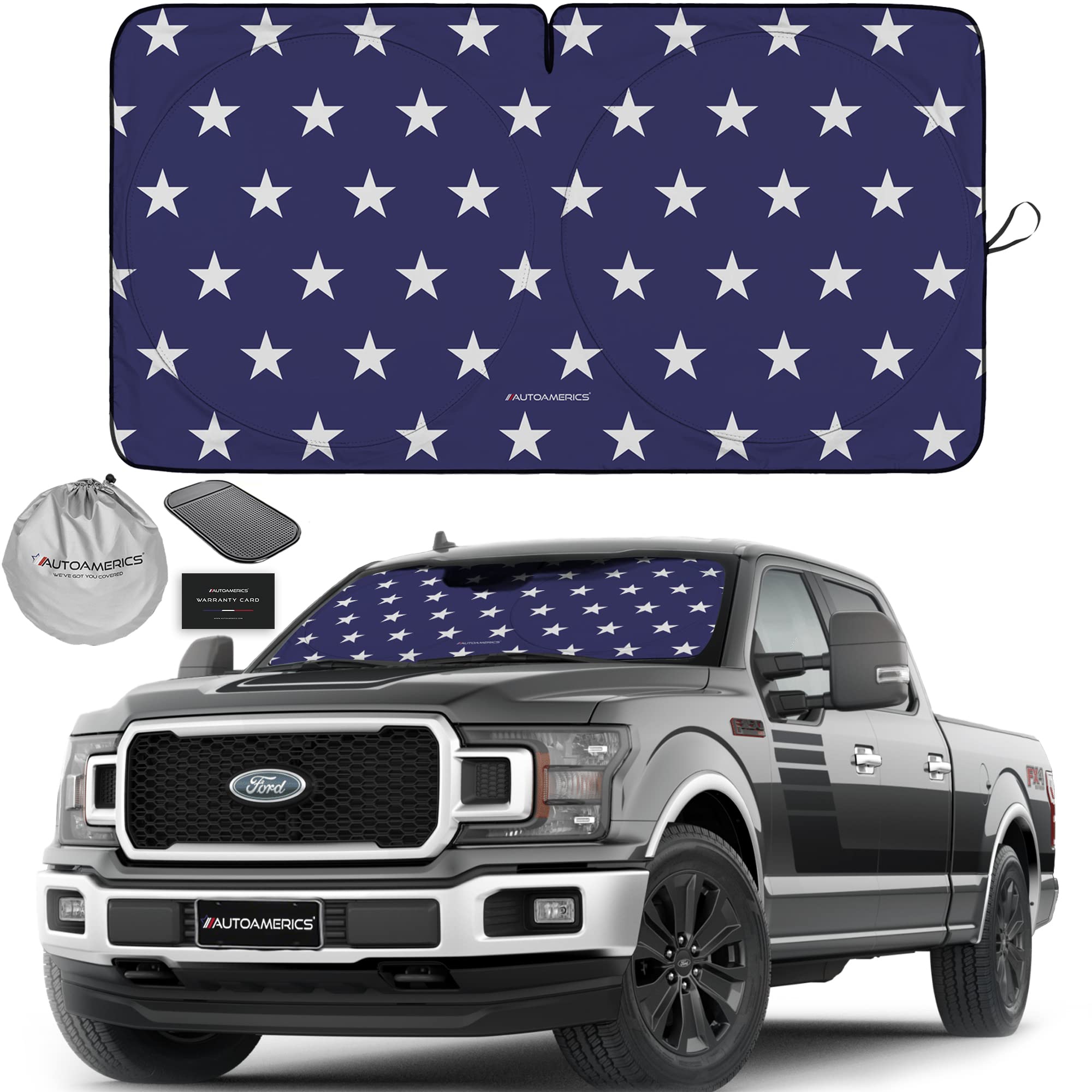 Autoamerics Truck Windshield Sun Shade With Storage Pouch & Anti-Slip Dash Pad - Foldable Usa Stars Flag Design - Fits Most Suvs