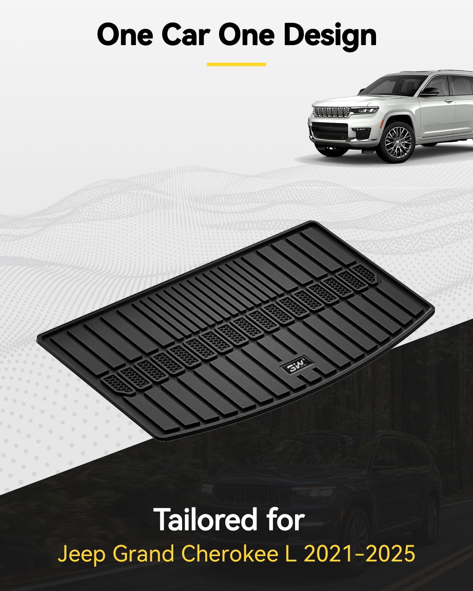 3W Cargo Liner Compatible For Jeep Grand Cherokee L 2021-2025 All Weather Custom Fit Tpe Cargo Tray Heavy Duty Trunk Mats, Black