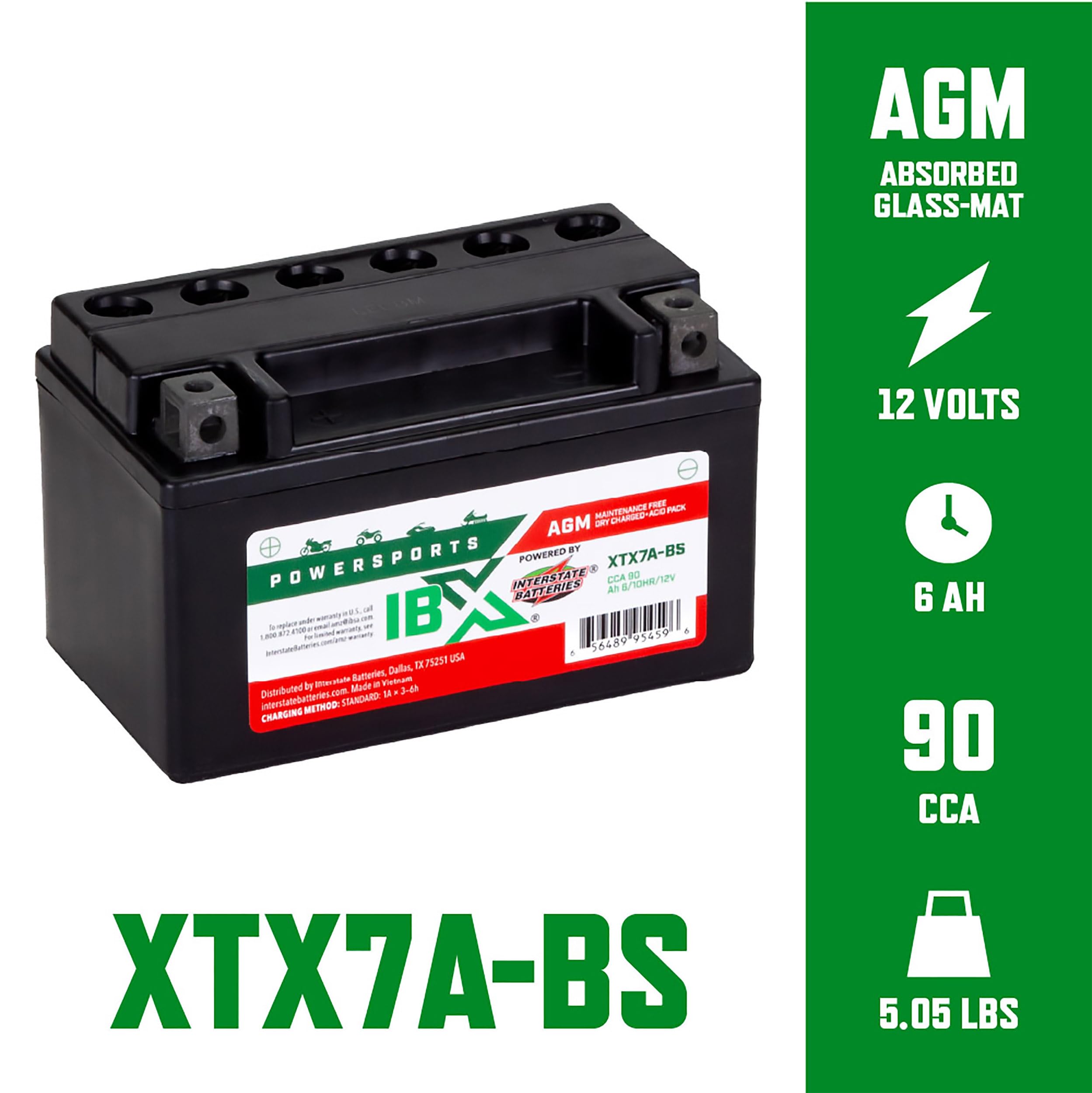 Interstate Batteries Ytx7A-Bs 12V 6Ah Powersports Battery 90Cca Agm Rechargeable Replacement Battery For Kasea, Aprilia, Kymco,