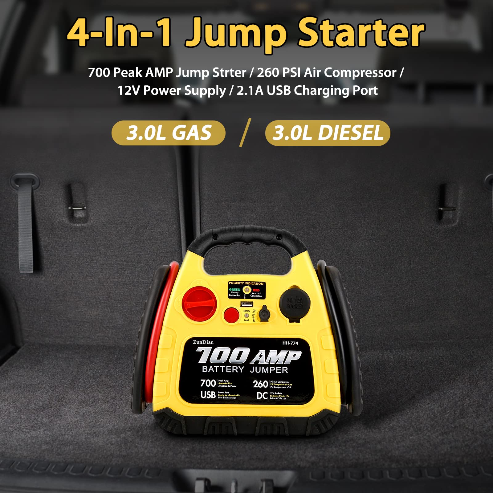 Zundian Jump Starter With Air Compressor 260Psi, 1000A Portable Car Jump Starter, 4-In-1 Battery Booster Pack For Vehicles(3L Ga