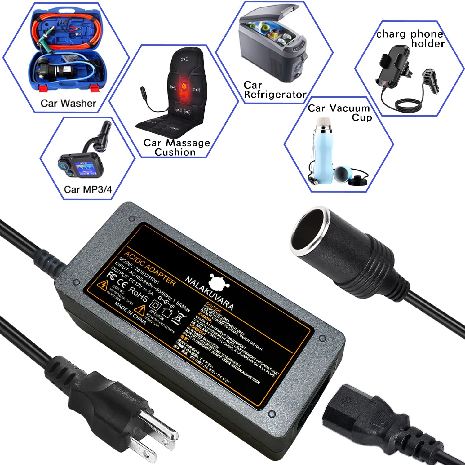 AC to DC Converter 110V to 12V 5A 60W Car Cigarette Lighter Adapter - Wall Plug Outlet Female Socket Converter - 110/120 to 12 V