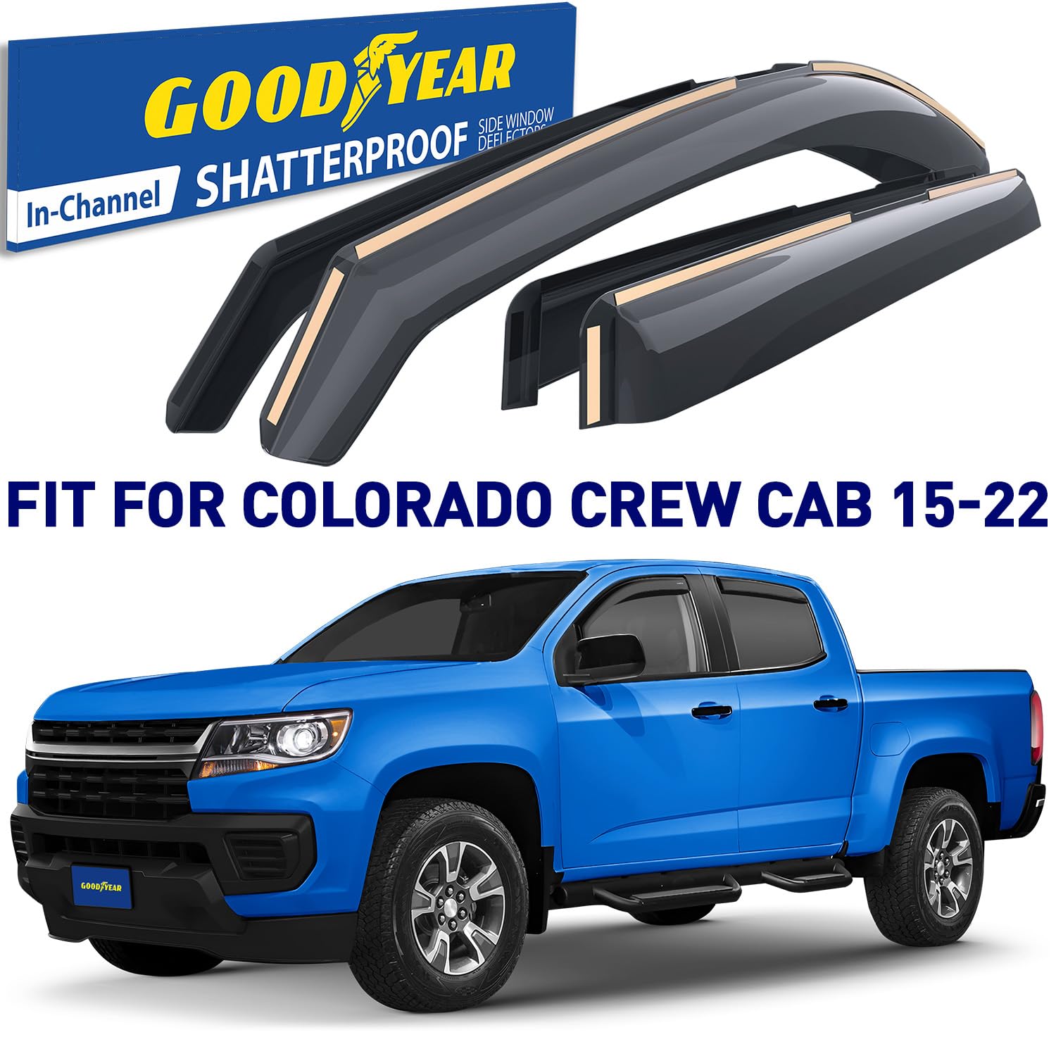 Goodyear Shatterproof In-Channel Window Deflectors For Trucks Chevrolet (Chevy) Colorado/Gmc Canyon 2015-2022 Crew Cab, Rain Gua