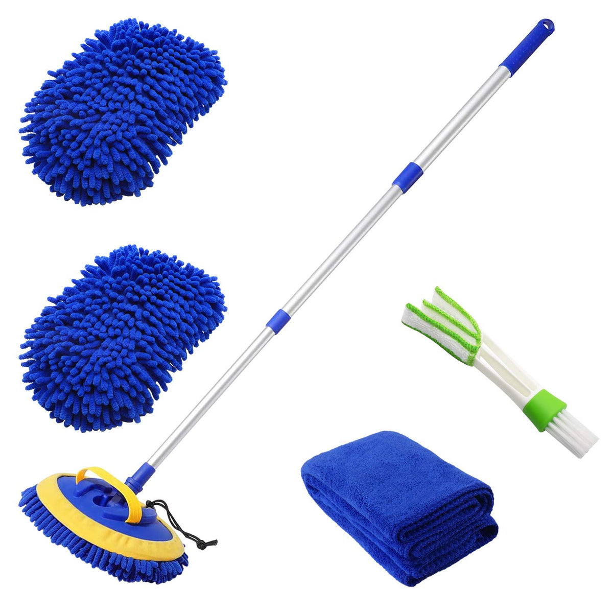 2 In 1 Microfiber Car Wash Mop Mitt With 45'' Aluminum Alloy Long Handle,Chenille Car Cleaning Kit Brush Duster With Scratch Fre