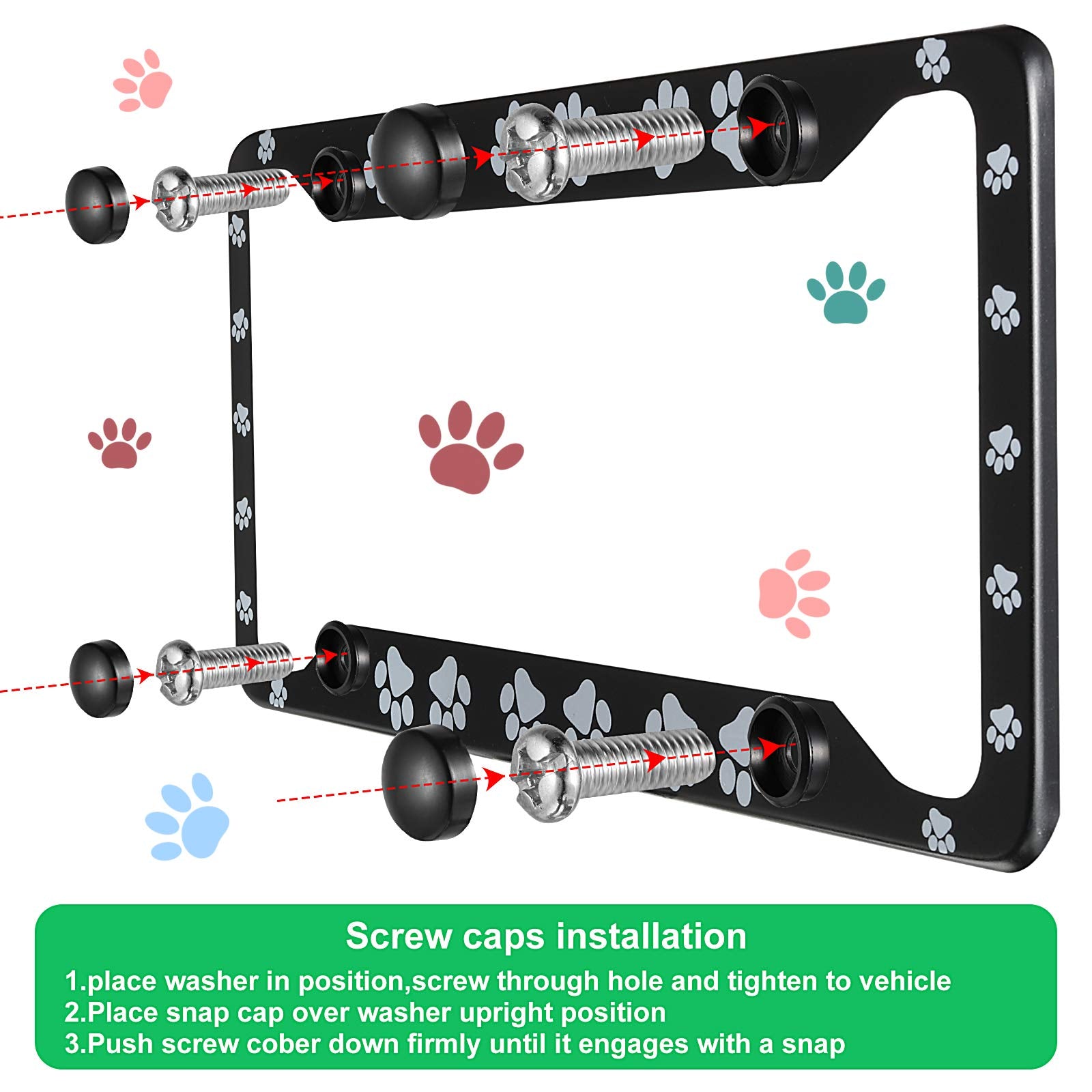 2 Pieces Dog Paw Print License Plate Frames Cat Frames License Plate Cover Aluminum Alloy Covers With 4 Valve Stem Caps And 2 Pa