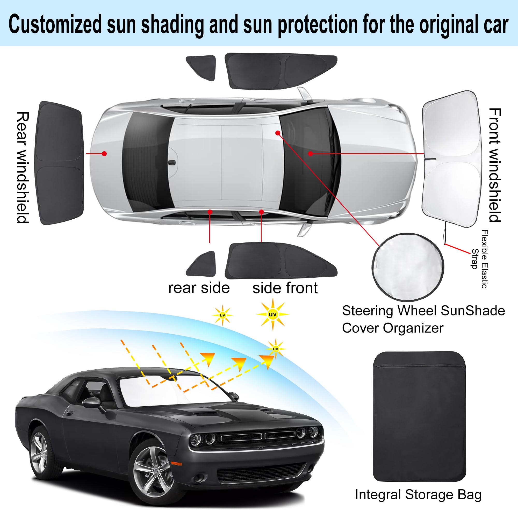 TINGLU Black Window Shades for Dodge Challenger 2015-2023 (SXT, RT, GT) - 6PCS Sun UV Rays & Privacy Protection for Camping and Relaxing