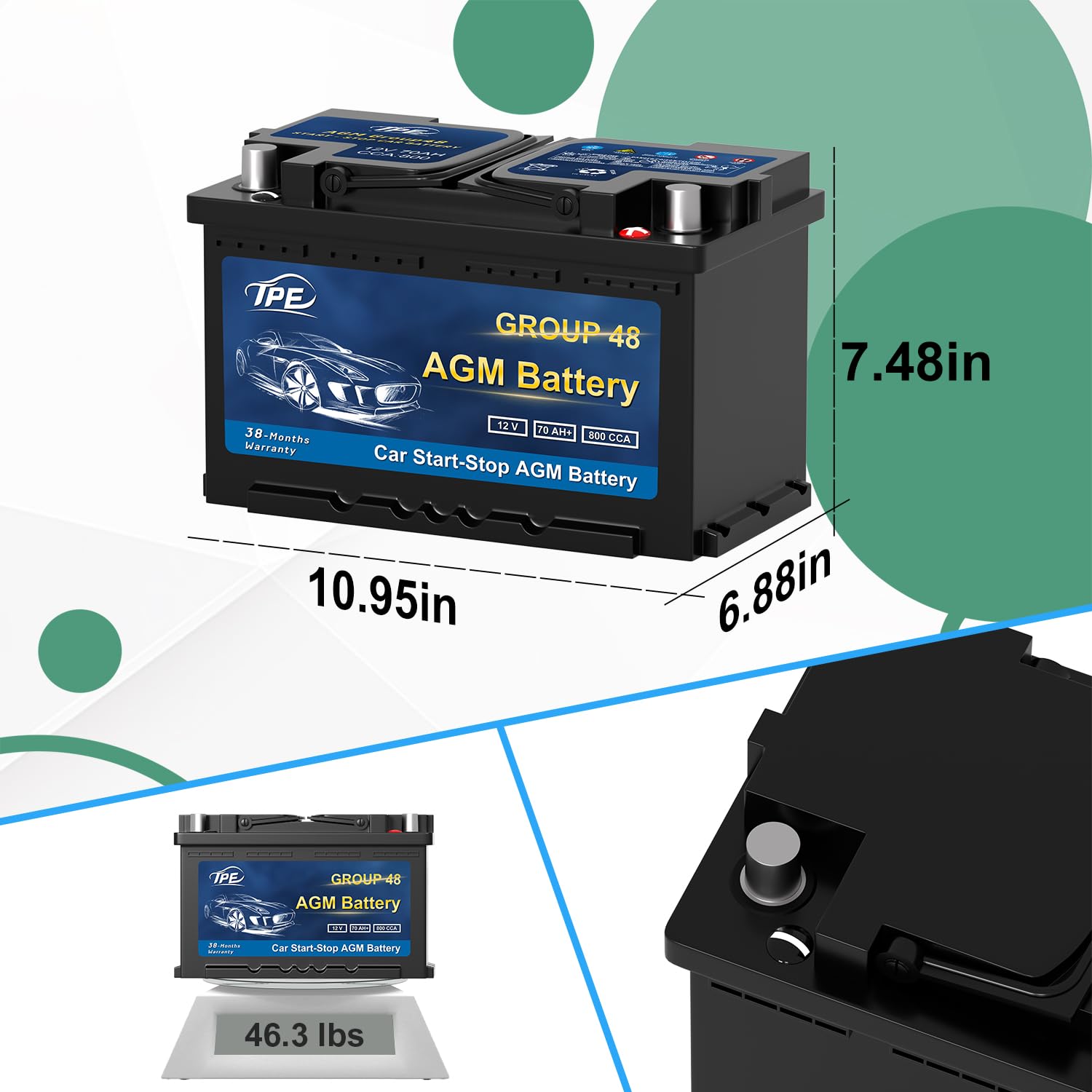 TPE AGM Battery BCI Group 48, Maintenance Free 12V 70Ah, H6 Size, 120RC, 800CCA, Automotive Battery, Reliable Performance for Ca