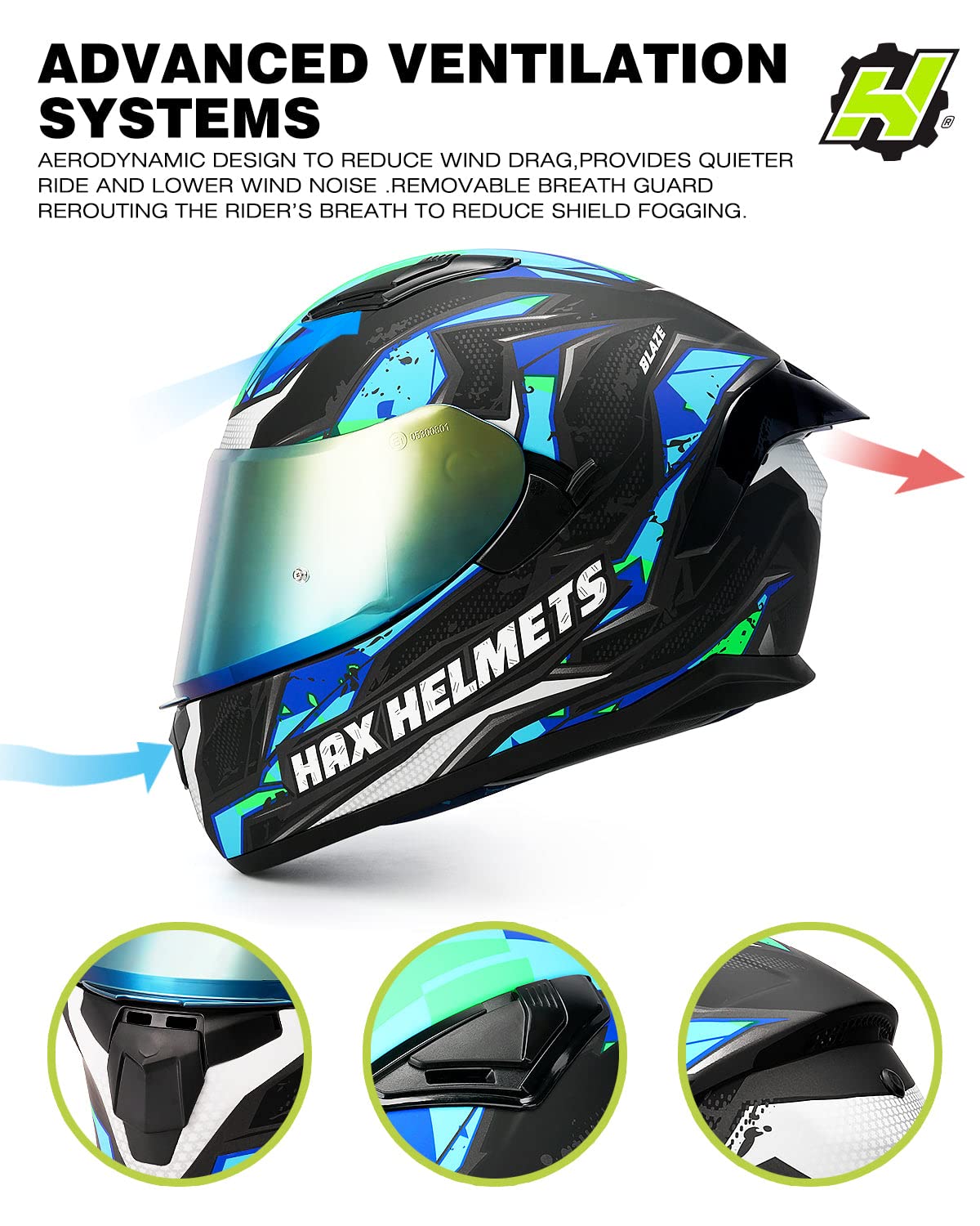Hax Obsidian Full Face Dual Visor Adult Motorcycle Helmet For Motorbike Street Bike With Pinlock Ready Dot Approved (Blaze Blue,Xl)