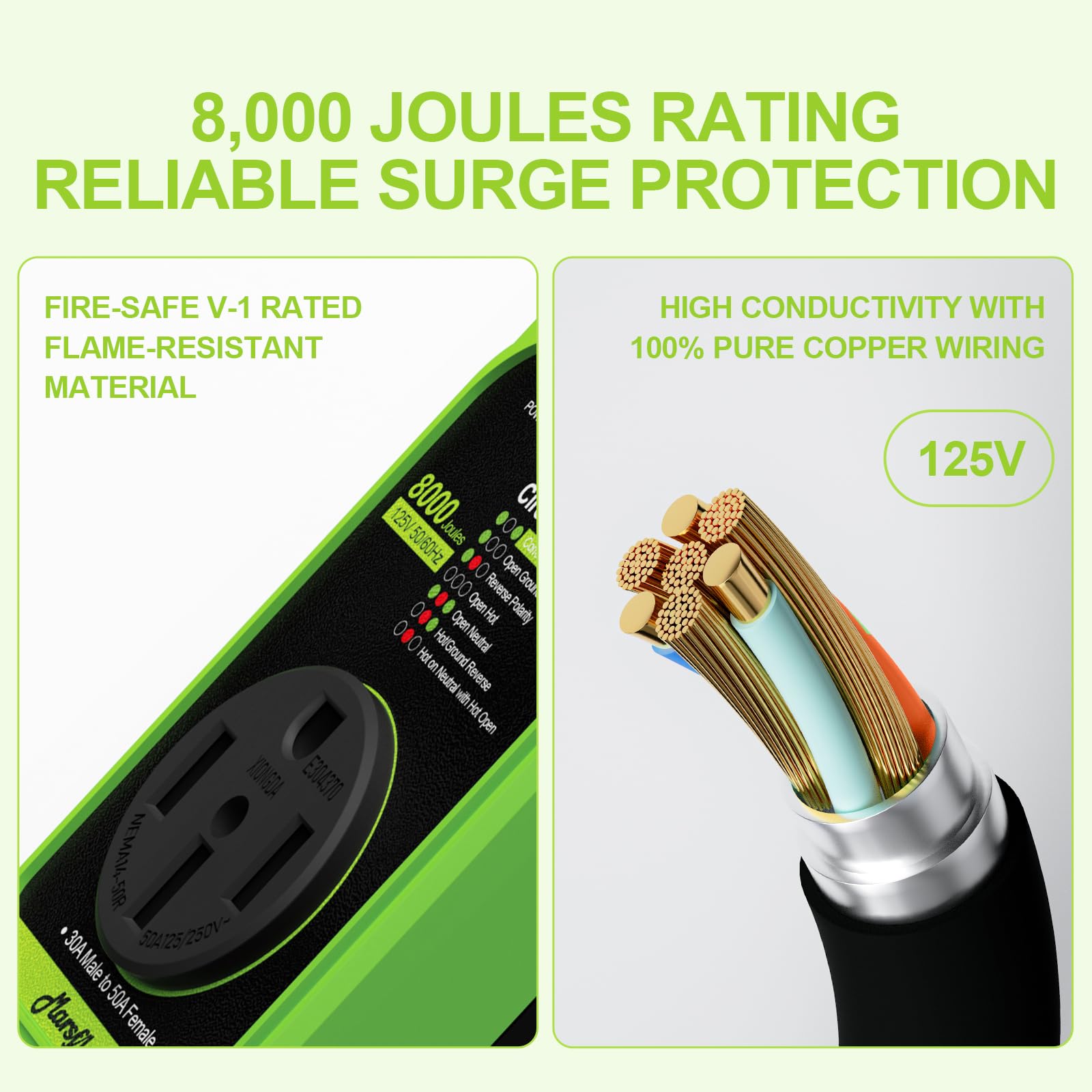 Marsflex Rv Surge Protector, 30 Amp To 50 Amp Rv Circuit Analyzer,8000 Joules Surge Protection With Waterproof Cover, Tt-30P Mal