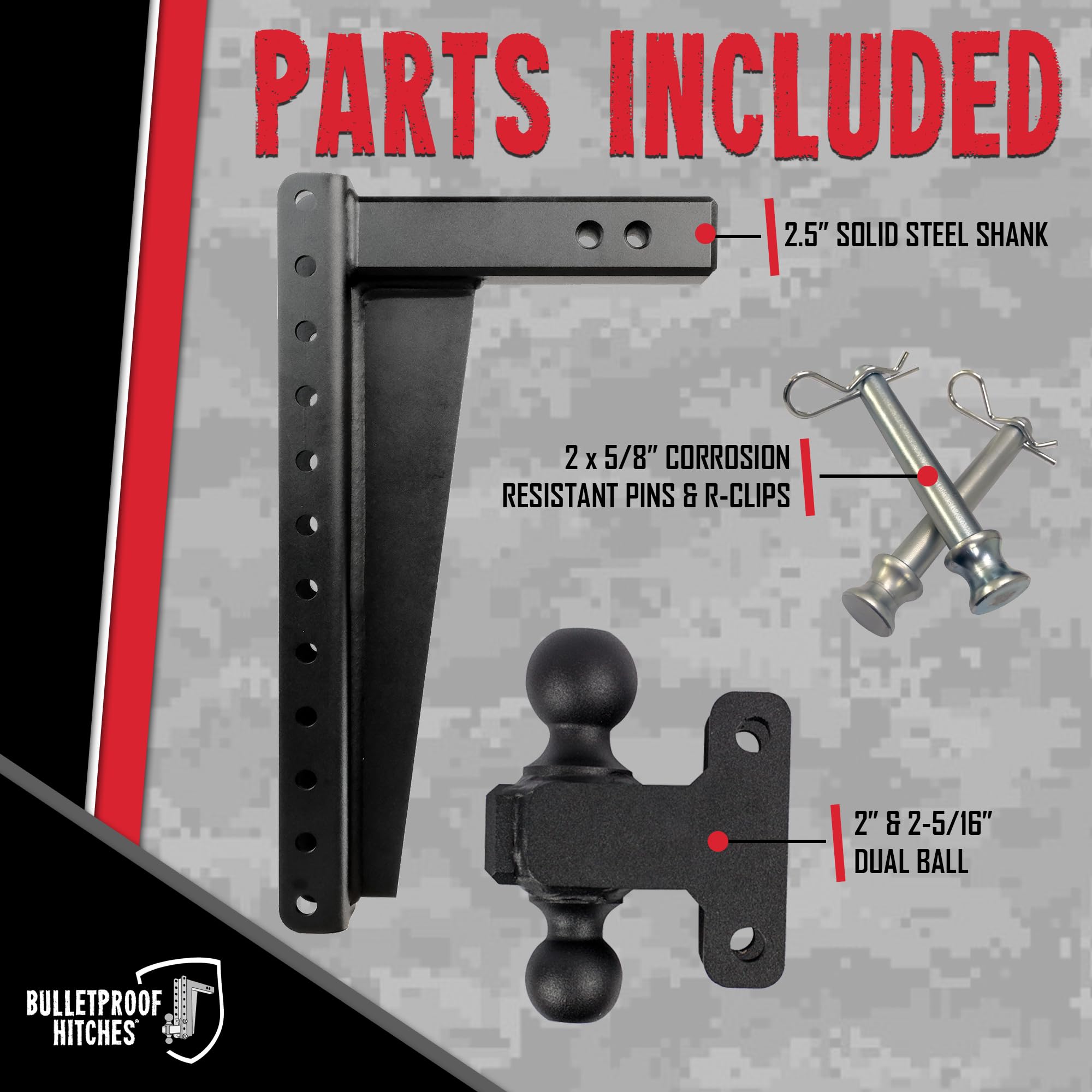 Bulletproof Hitches - 2.5'' Adjustable Heavy Duty Trailer Hitch (22,000 Lb. Rating) - 18'' Drop/Rise Trailer Hitch With 2'' & 2-