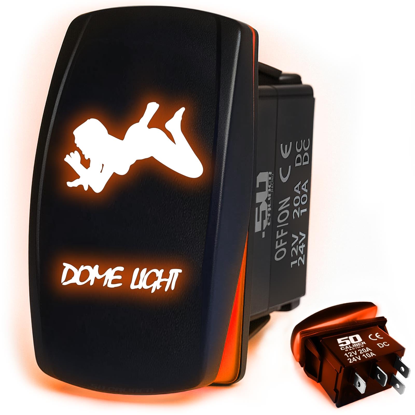 50 Caliber Racing 20A 12V Waterproof Automotive Rocker Switch On/Off - Orange Led Backlit Dome Light Girl - Utv, Auto, Boat (Ora