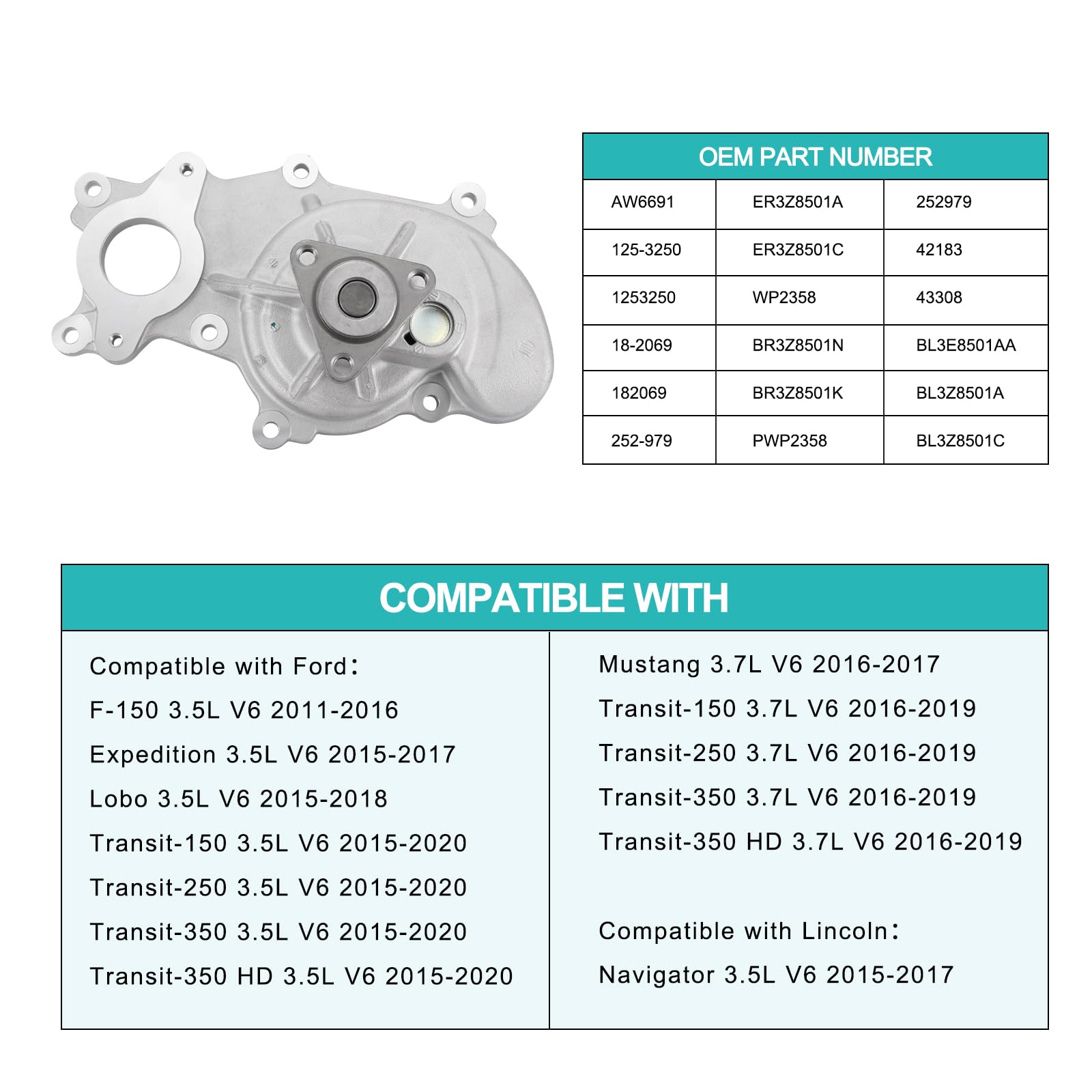 AULINK AW6691 (3 HUB) Water Pump 3.5L 3.7L V6 For Ford F-150 2011-2016,Expedition 2015-2017,Lobo 2015-2018,Transit-150 Transit-2