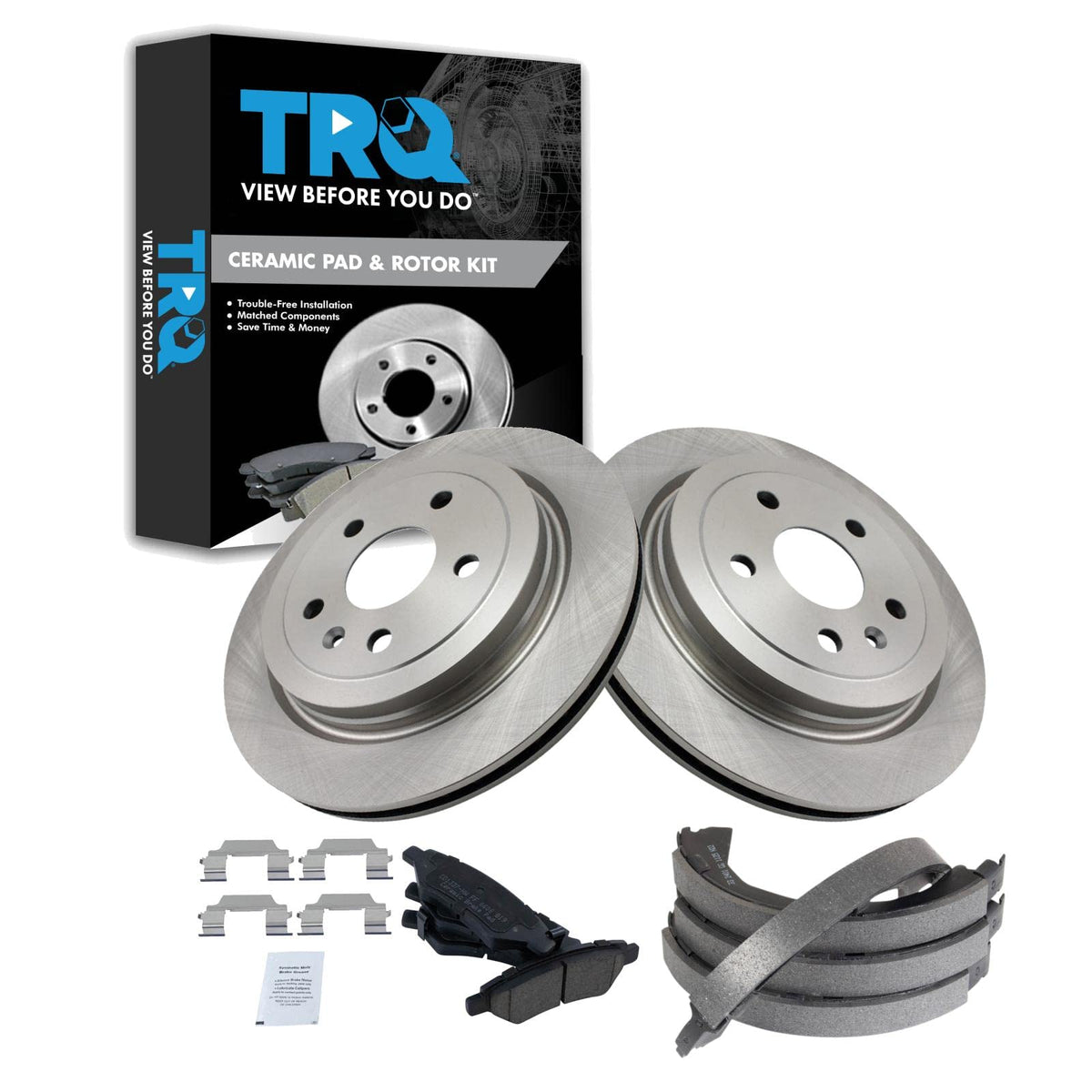 Trq Rear Brake Pad & Rotor Kit Brake Pads Brake Rotor Parking Brake Shoe Set Ceramic Compatible With 2010-2015 Chevrolet Camaro