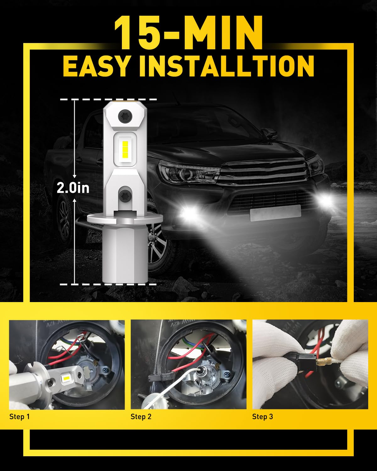 Auxito H3 Led Fog Light Bulbs 6500K White, 300% Brighter Csp Chips, 1:1 Mini Size, Plug N Play, H3Ll Led Bulb Light For Fog Lamp