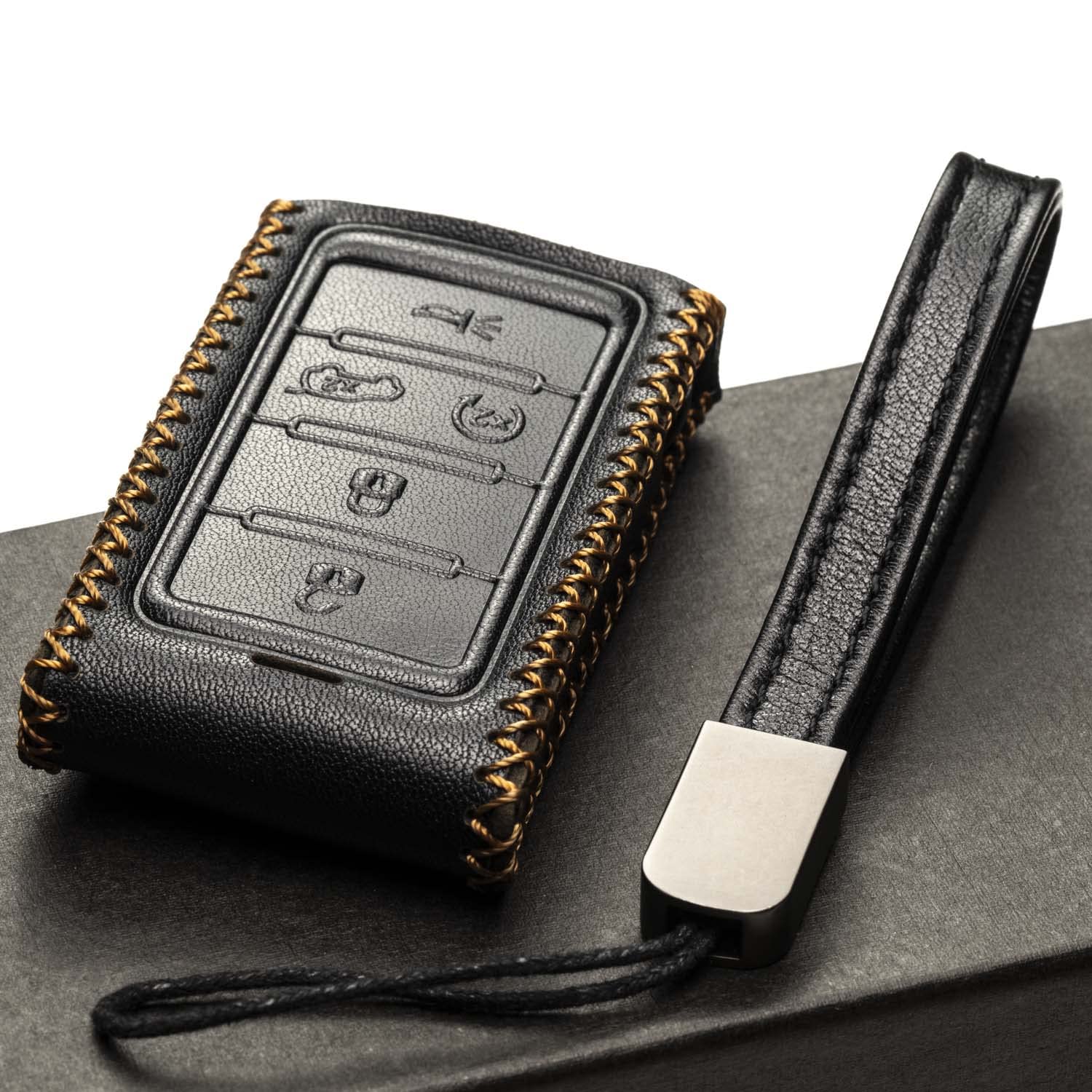 Vitodeco Black Genuine Leather Key Fob Case for Jeep Wagoneer, Grand Wagoneer, Grand Cherokee 2023 - 5-Button Design