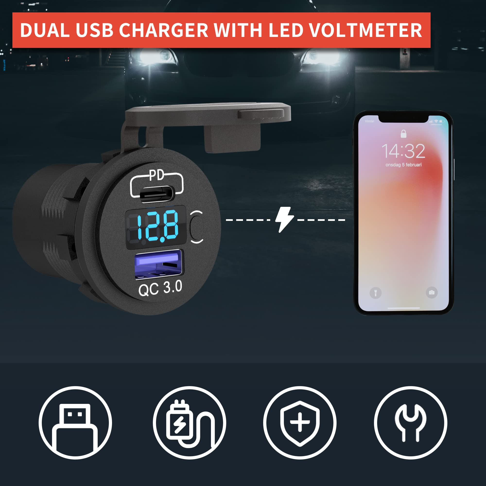 Joinfworld 6 Gang Rocker Switch Box Waterproof 12V SPST ON/Off lED Light Bar Switch Panel with Dual USB Outlet PD3.0 & QC3.0 Car