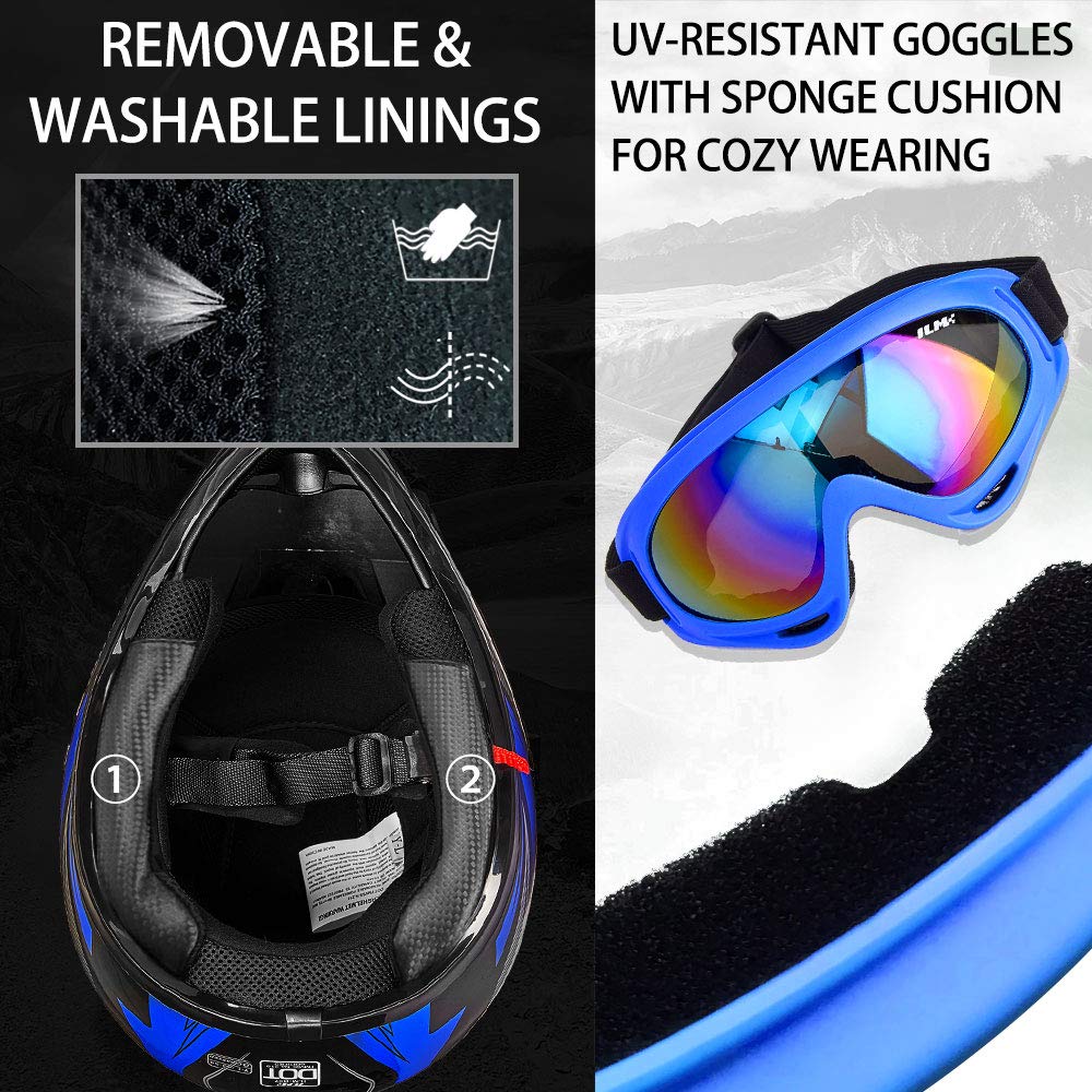Ilm Youth Kids Atv Motocross Helmet Goggles Sports Gloves Dirt Bike Motorcycle Off Road Dot Approved B07 (Youth-S, Blue/Silver)