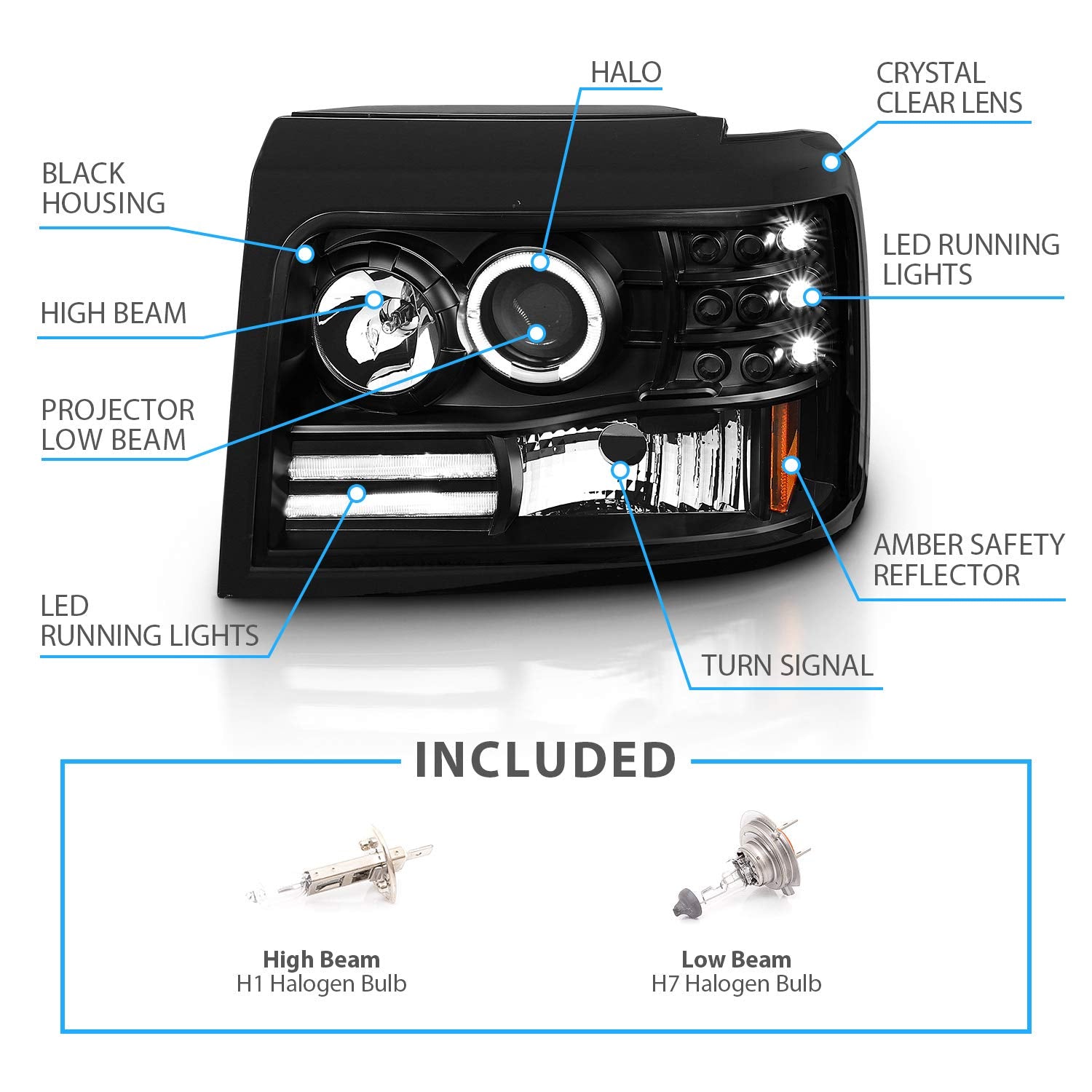 Amerilite Led Halo Bar Projector Replacement Halogen Car Headlights Set For Ford F-150/F250/F350/Bronco - Passenger Right And Dr