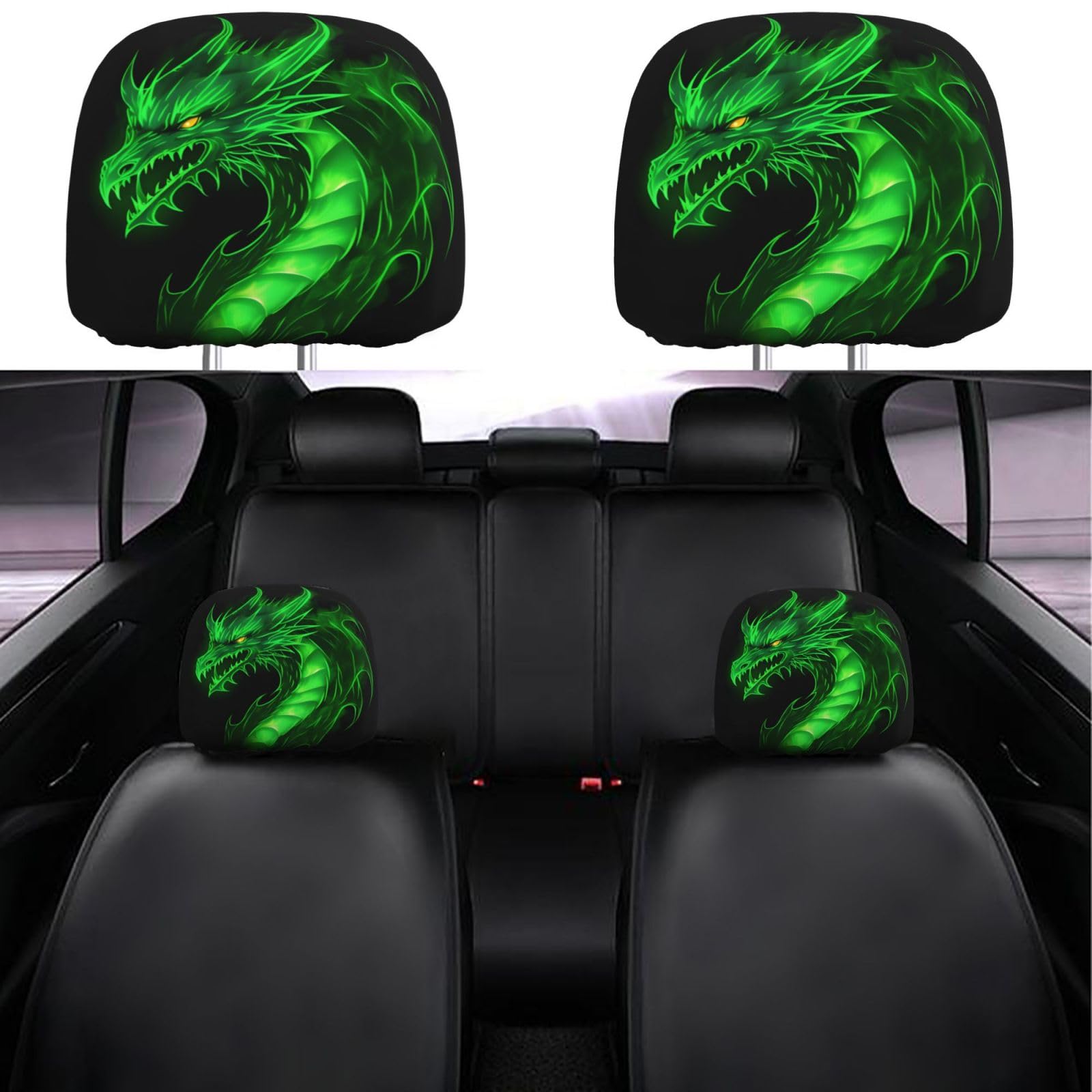 Dujiea 2 Pack Dragon Green Fire Car Headrest Covers, Universal Soft Car Seat Head Rest Protector, Vehicle Accessories Fabric Hea