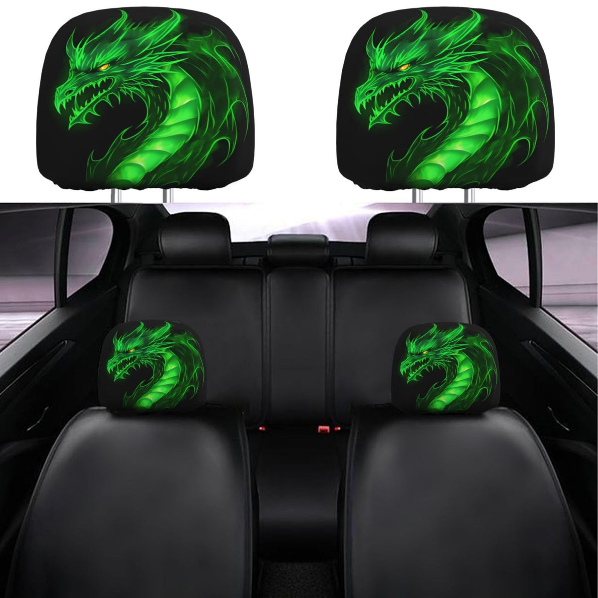 Dujiea 2 Pack Dragon Green Fire Car Headrest Covers, Universal Soft Car Seat Head Rest Protector, Vehicle Accessories Fabric Hea