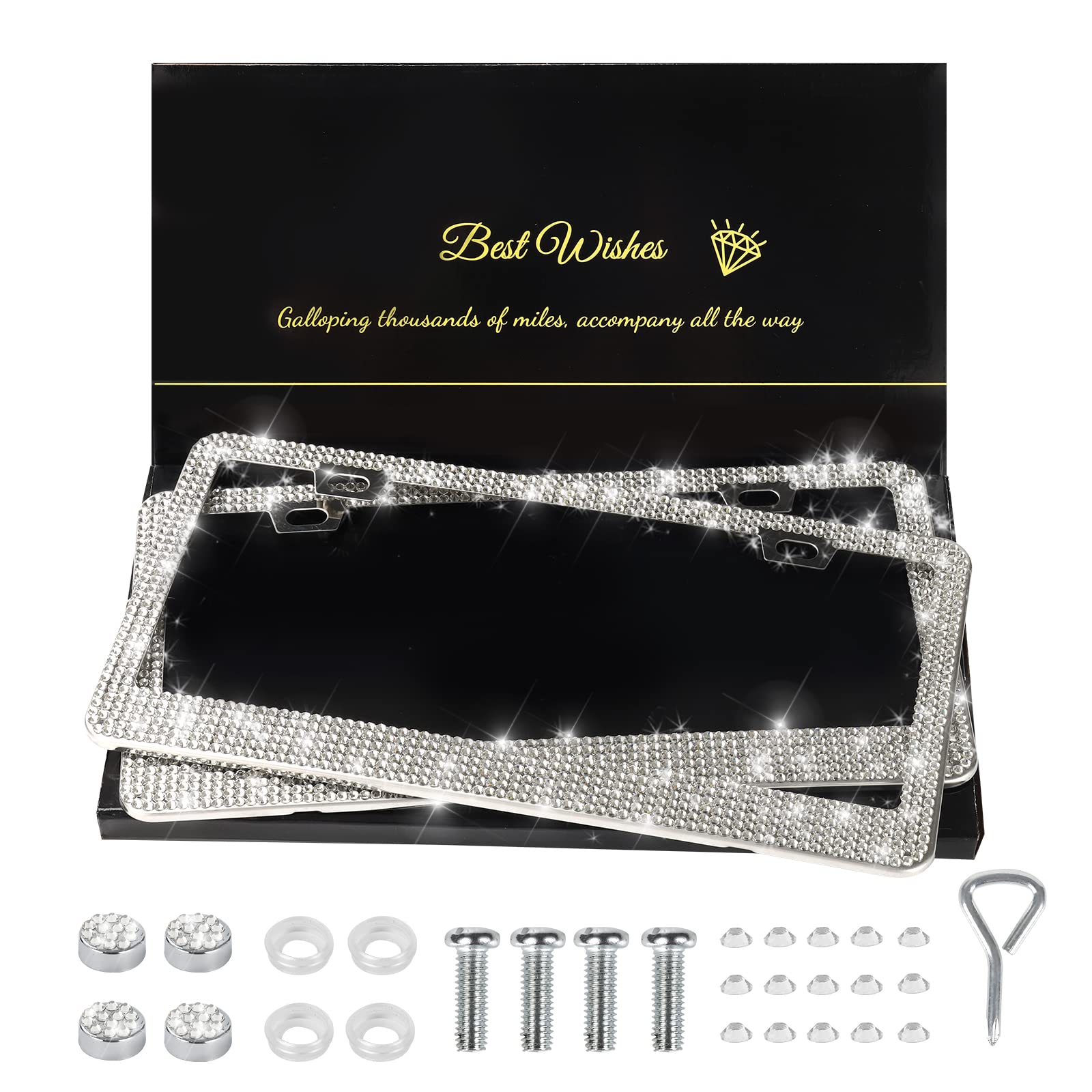 Quanqiufei 2 Pack Bling License Plate Frames For Women, Sparkly Rhinestone Diamond Car Accessories For Women, Handcrafted Stainl