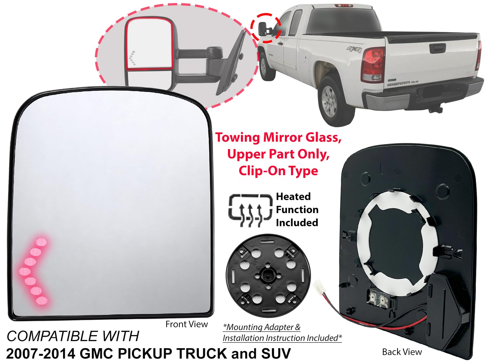 Apa Replacement For Towing Mirror Glass Upper Part Heated With Signal Light 2007-2014 Gm Pickup Van Silverado Sierra Driver Left Side Gm1324143