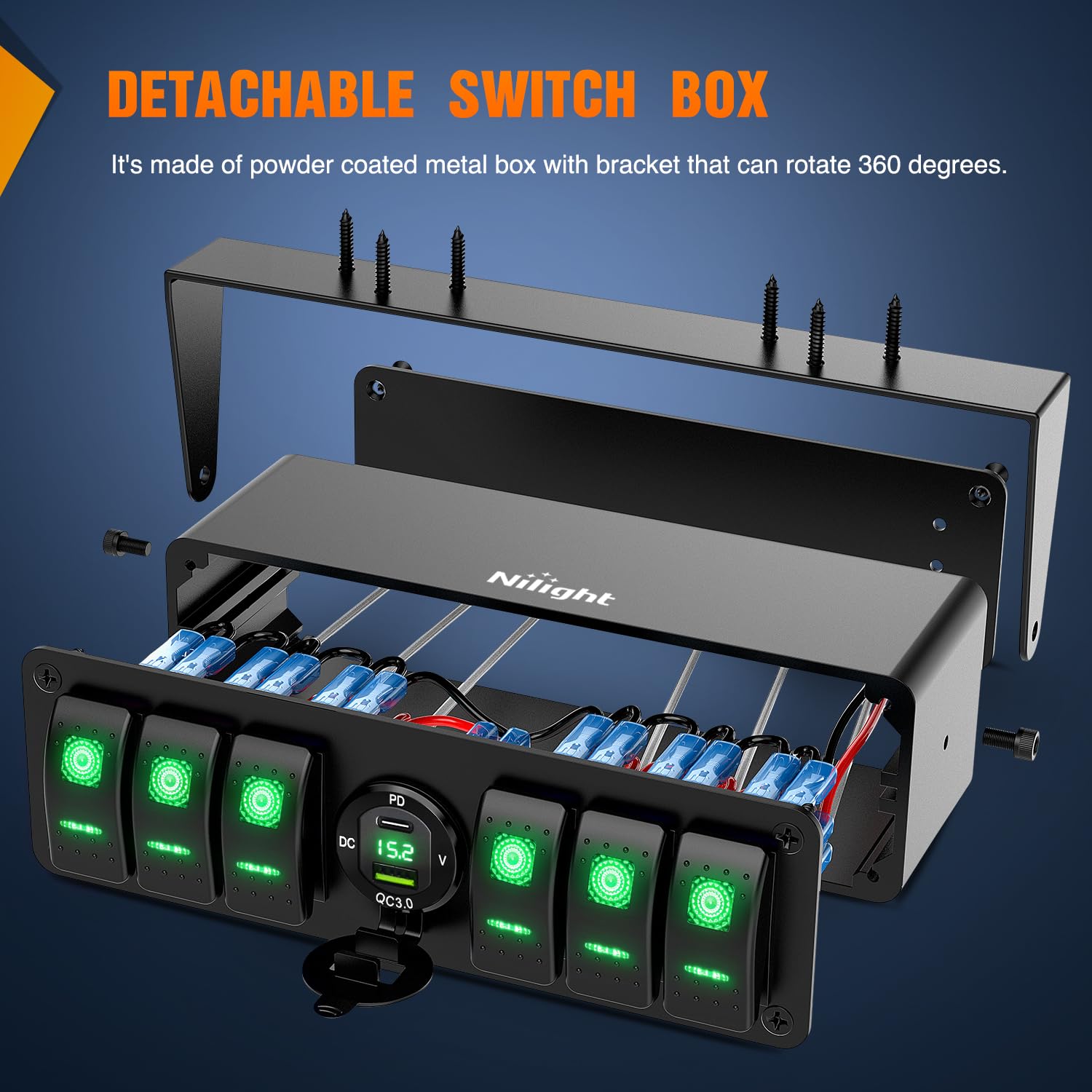 Nilight 6 Gang Rocker Switch Box 12V Spst On Off Toggle Switches Pd Type C And Qc 3.0 Usb Charger Voltmeter Led Light Waterproof