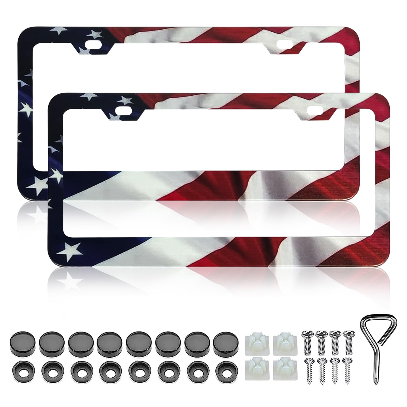 Patriotic American Flag License Plate Frame Holder - 2 Pack Universal Quality Metal Aluminum Matte Stripe Us Flag Gloss Car Plat