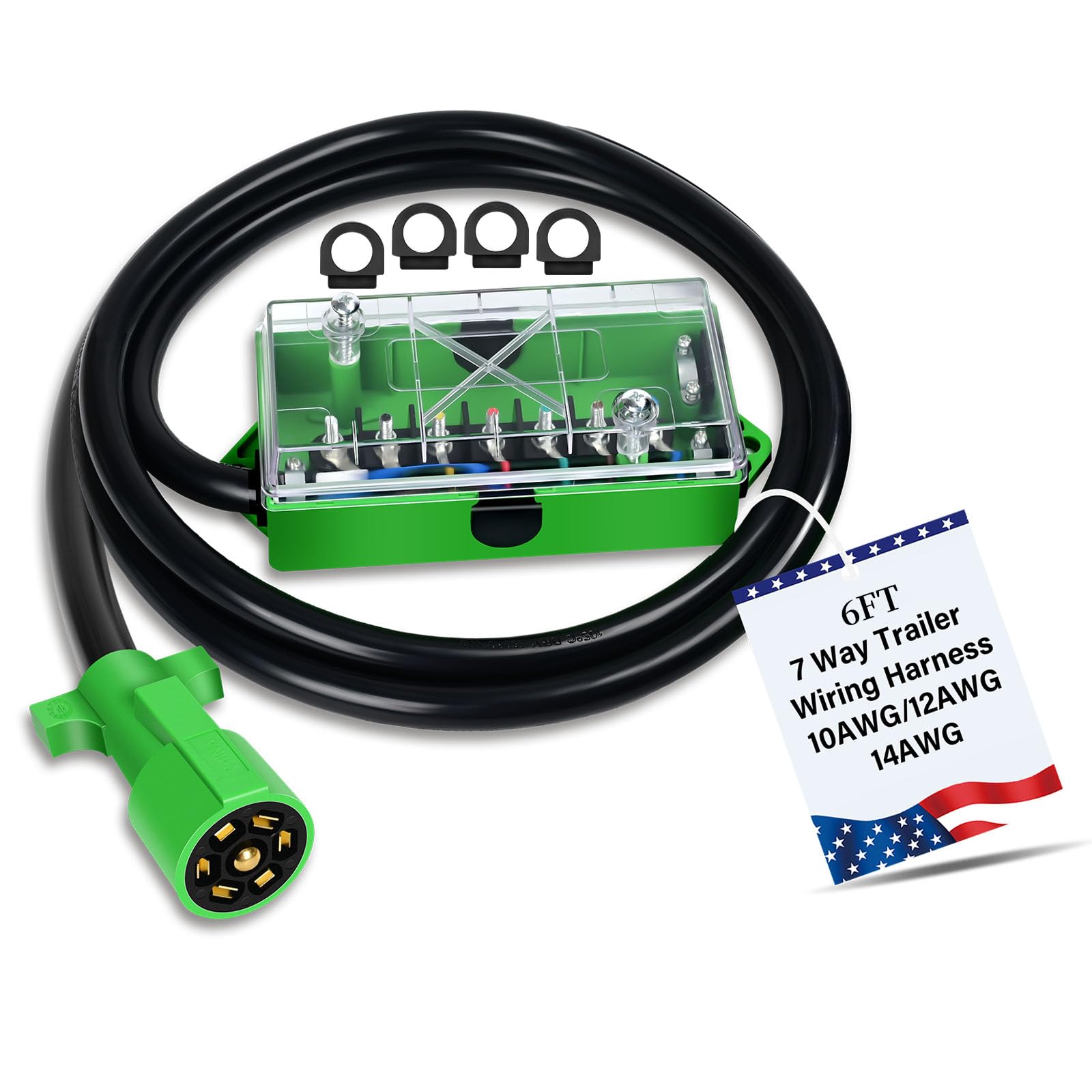 Anayguto 6 FT 7 Pin Trailer Wiring Harness with 7 Gang 7 Pin Trailer Junction Box Pure Copper 7 Way Plug Extension, Heavy Duty 7
