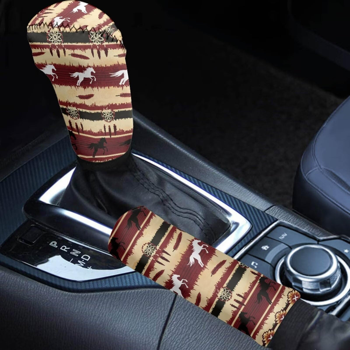 Dreaweet Aztec Dreamcatcher Horse Car Accessories for Women Men,Universal Fit Stretch Car Gear Shift Cover & Handbrake Cover Set