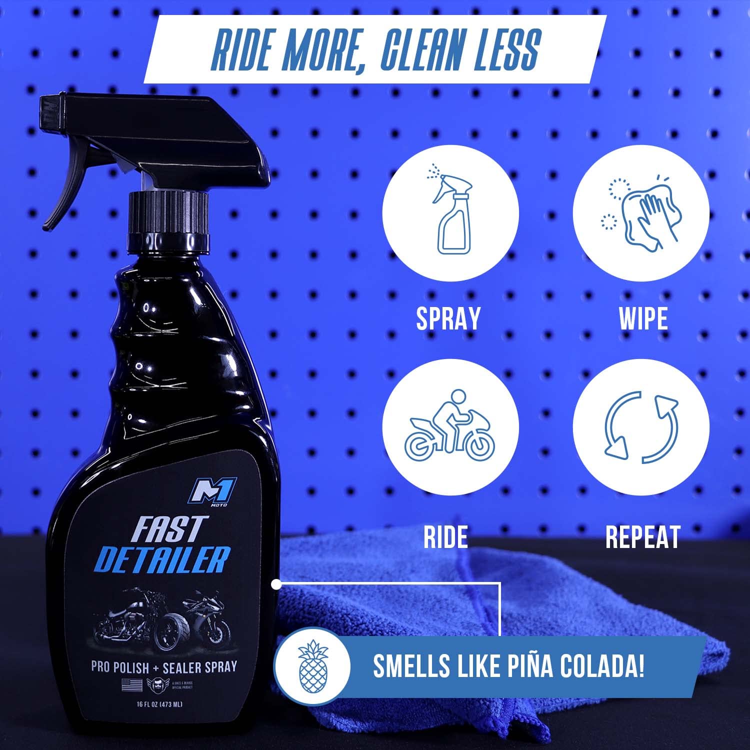 M1 MOTO Fast Detailer Motorcycle Cleaner & Pro Polish, All-in-One Kit with Microfiber Cloth, 16 FL OZ, Quick Detailer Spray