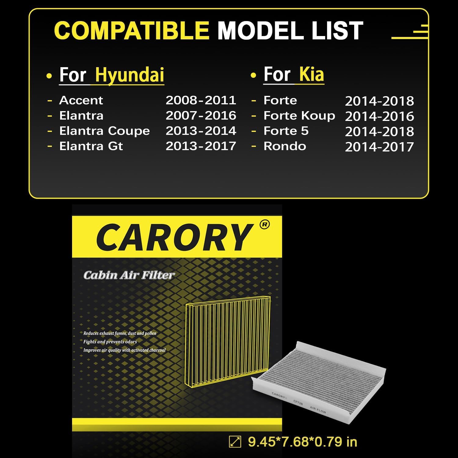 CARORY Cabin Air Filter w/Activated Carbon for Hyundai Accent 08-11, Elantra 07-16, Elantra Coupe 13-14, Elantra GT 13-17, Kia F