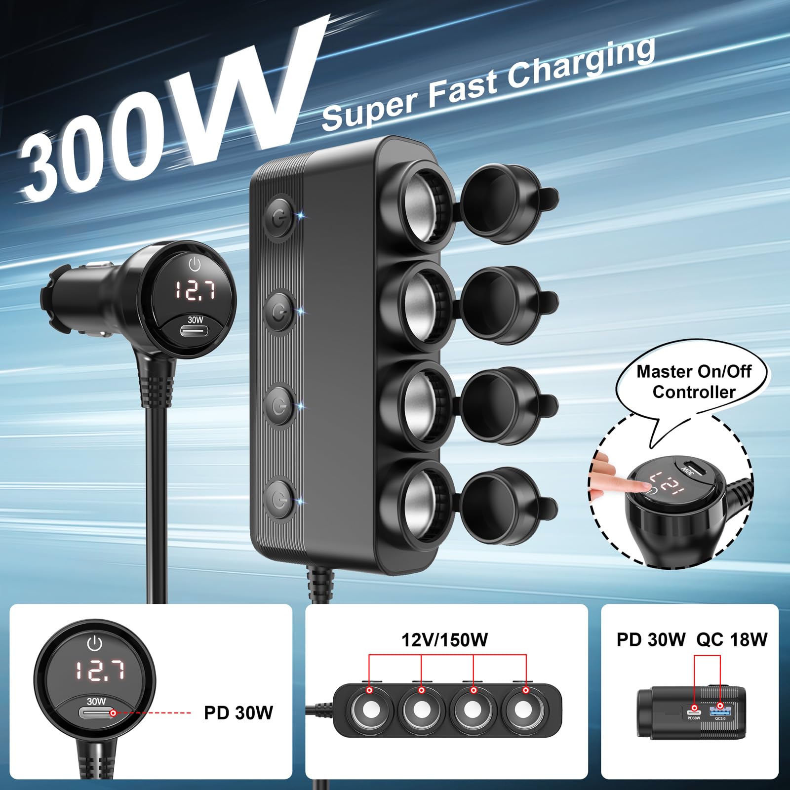 Qidoe Cigarette Lighter Splitter,300W 4-Socket Car Charger Adapter With Dual Pd30W Type C & Qc18W Usb,12V/24V Car Splitter Adapt