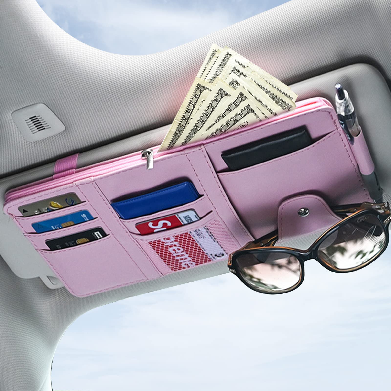 Pink Car Sun Visor Organizer, Sunglasses Holders for Car Sun Visor PU Auto Interior Accessories Storage Travel Document Holder w