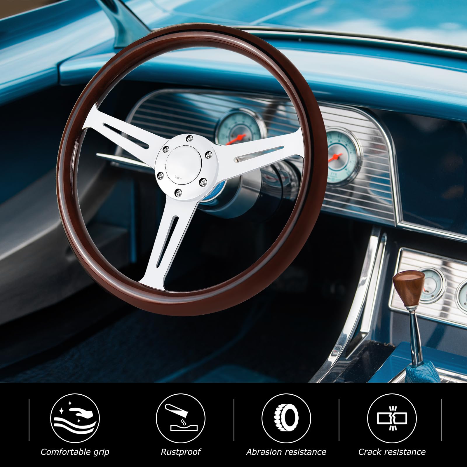 QYMOPAY 14'' Woodgrain Racing Steering Wheel Vintage Nostalgic Style 6-Bolt Steering Wheel with Horn Buttons - Plated Spokes
