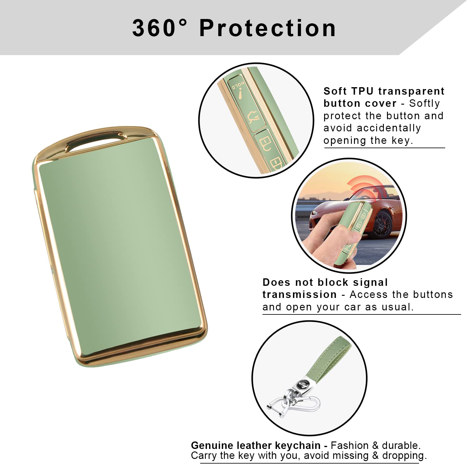 QBUC Leather Keychain Case for Mazda Key Fob (2019-2023 Mazda 3, 6, CX-5, CX-9, CX-30) - 2/3/4 Buttons (Green)