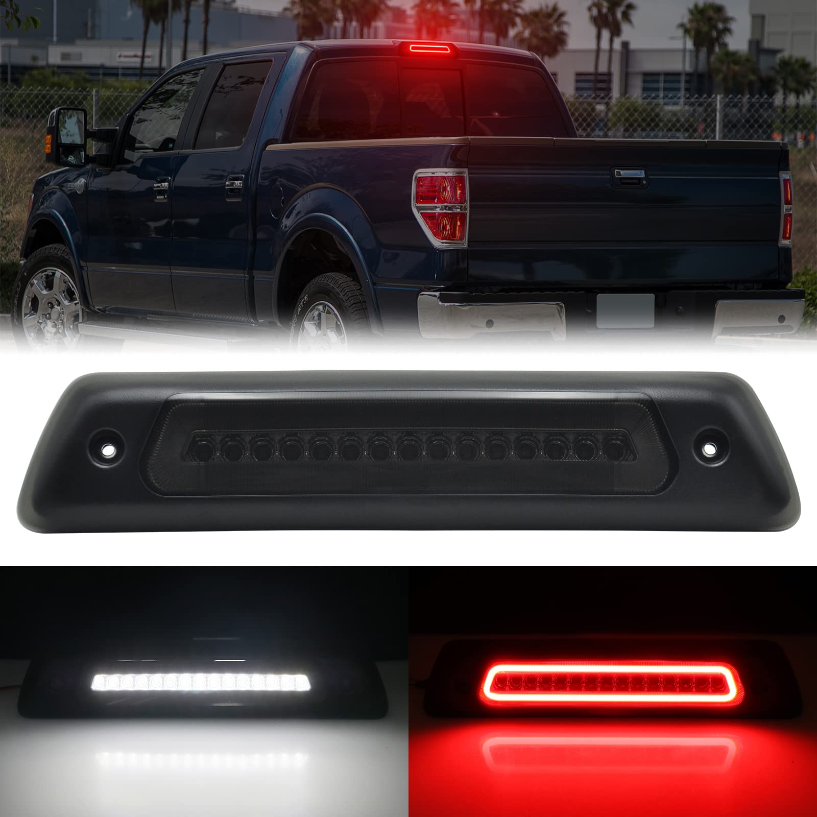 R&F Auto Led Smoked Lens Third Brake Light Replacement For F150 (2009-2014) Roof Cargo Lights High Mount Stop Lamp With Seal Foam Gaskets