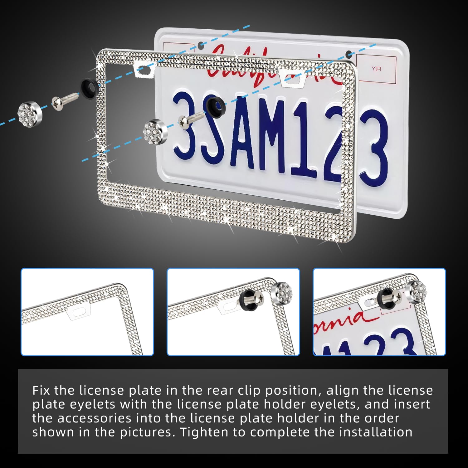 Oklpf 2 Pack White Bling License Plate Frames, Sparkly Diamond Car License Plate Holder, Suitable For Both Men And Women, Come W