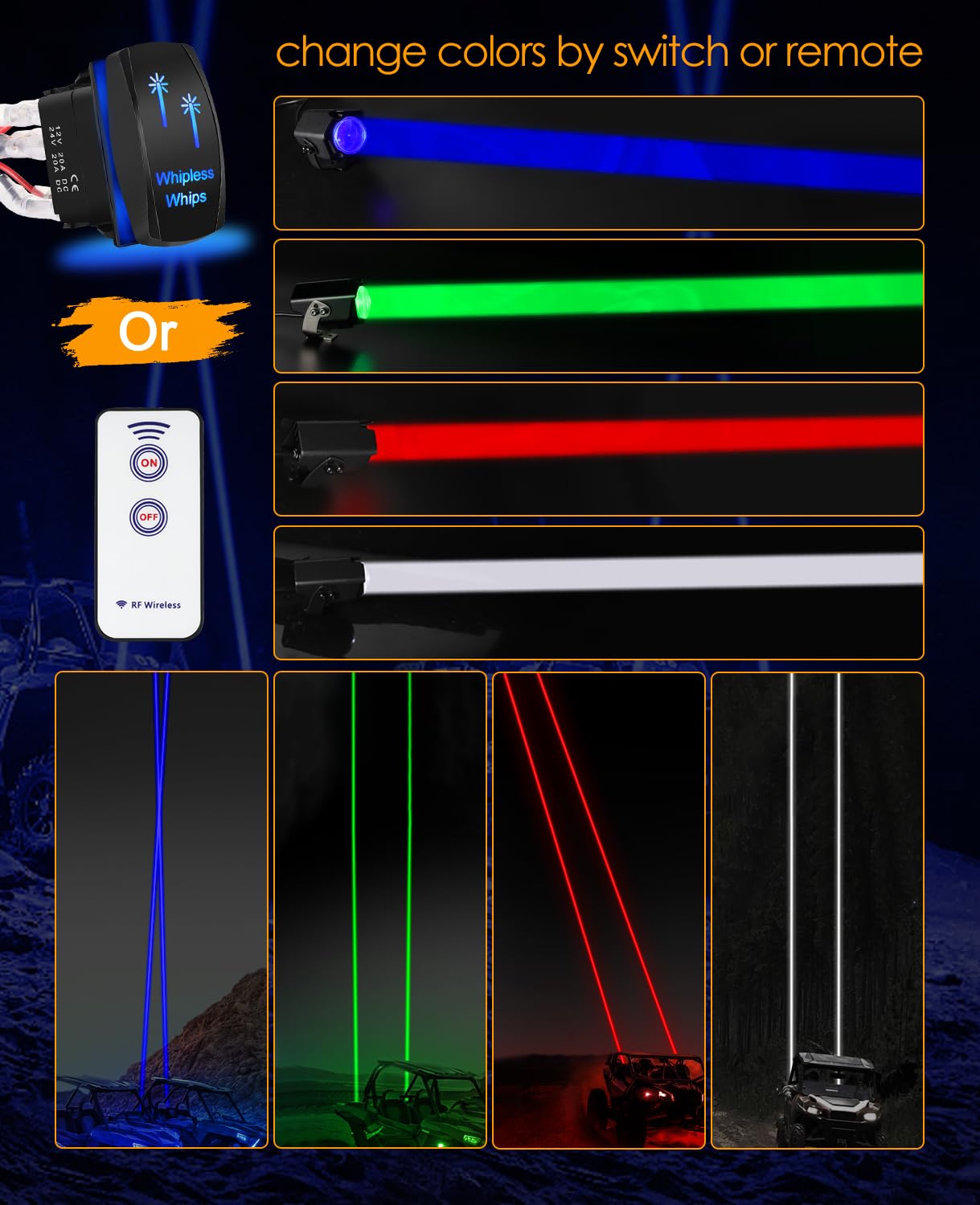 Nirider Whipless Whip Lights with Switch & Remote Whipless Pods RGB Chase Light Antenna LED Light Whips for SXS, UTV, ATV, RZR,