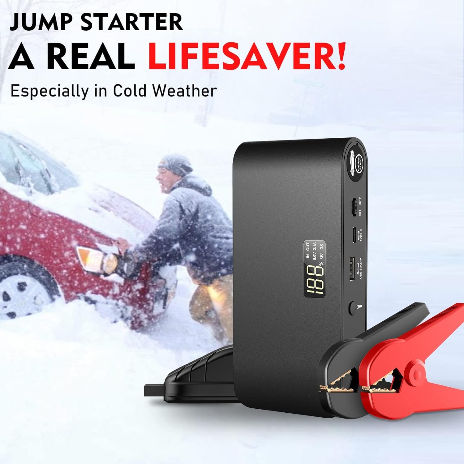 1600A Battery Jump Starter 16000Mah Jump Pack 12V With Jumper Cables, Portable Battery Booster With Usb Qc 3.0 Wall Charger For