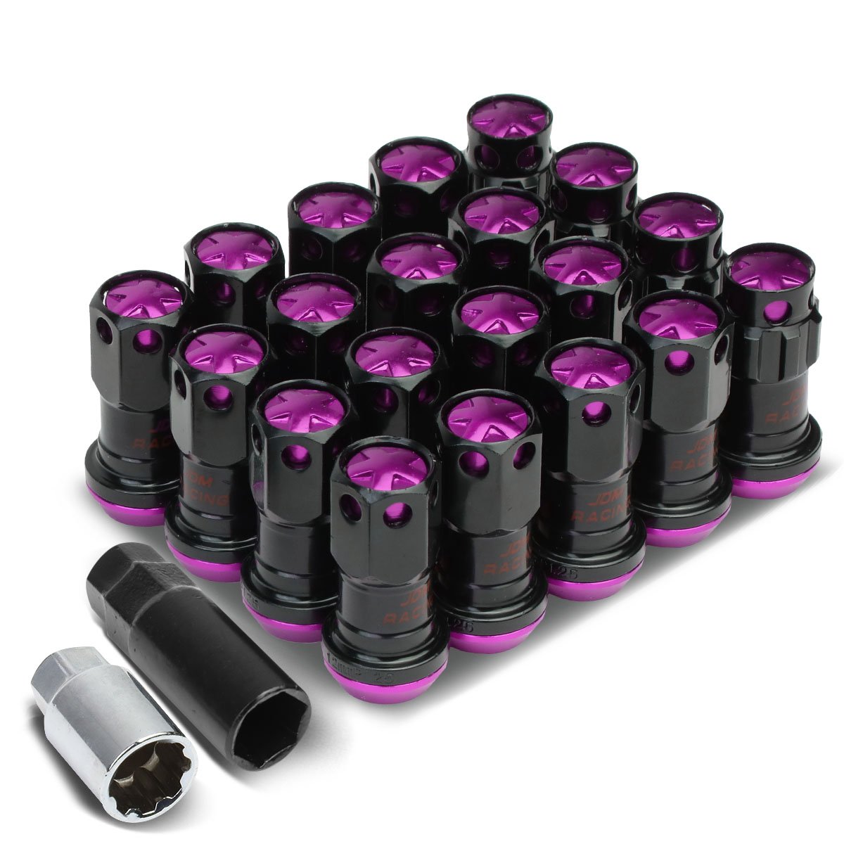 Dna Motoring Ln-Ztl-9016-125-Pp 16Pcs M12 X 1.25 Closed End Wheel Lug Nuts + 4Pcs Lock Nuts + Key + Extension Adapter, 22Mm Od/45Mm Height, Purple Accents/Black Body