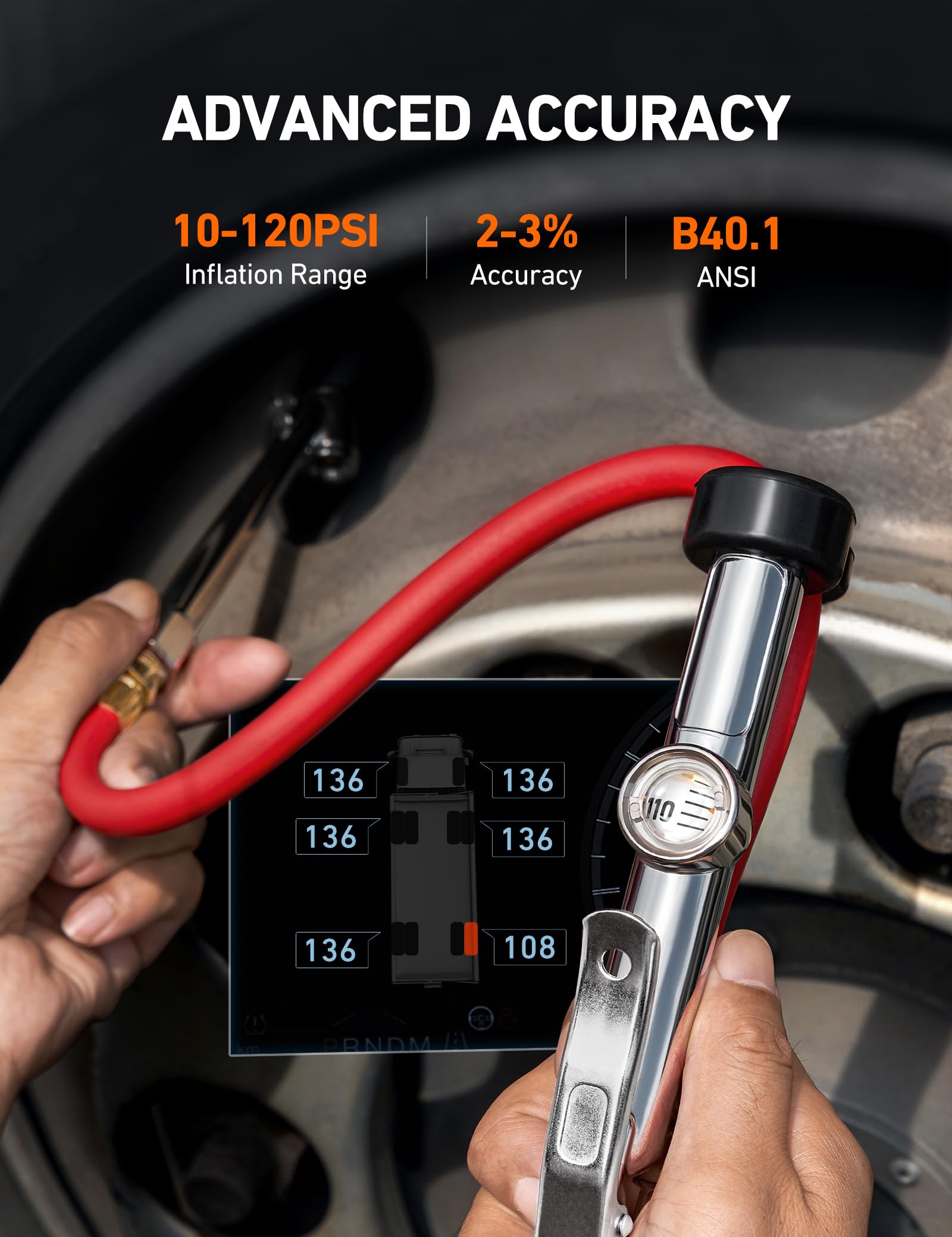 Astroai 25.6'' Heavy-Duty Tire Pressure Gauge With Inflator, Dual Head Chuck Ansi B40.1 Accurate Tire Inflator With Pressure Gau
