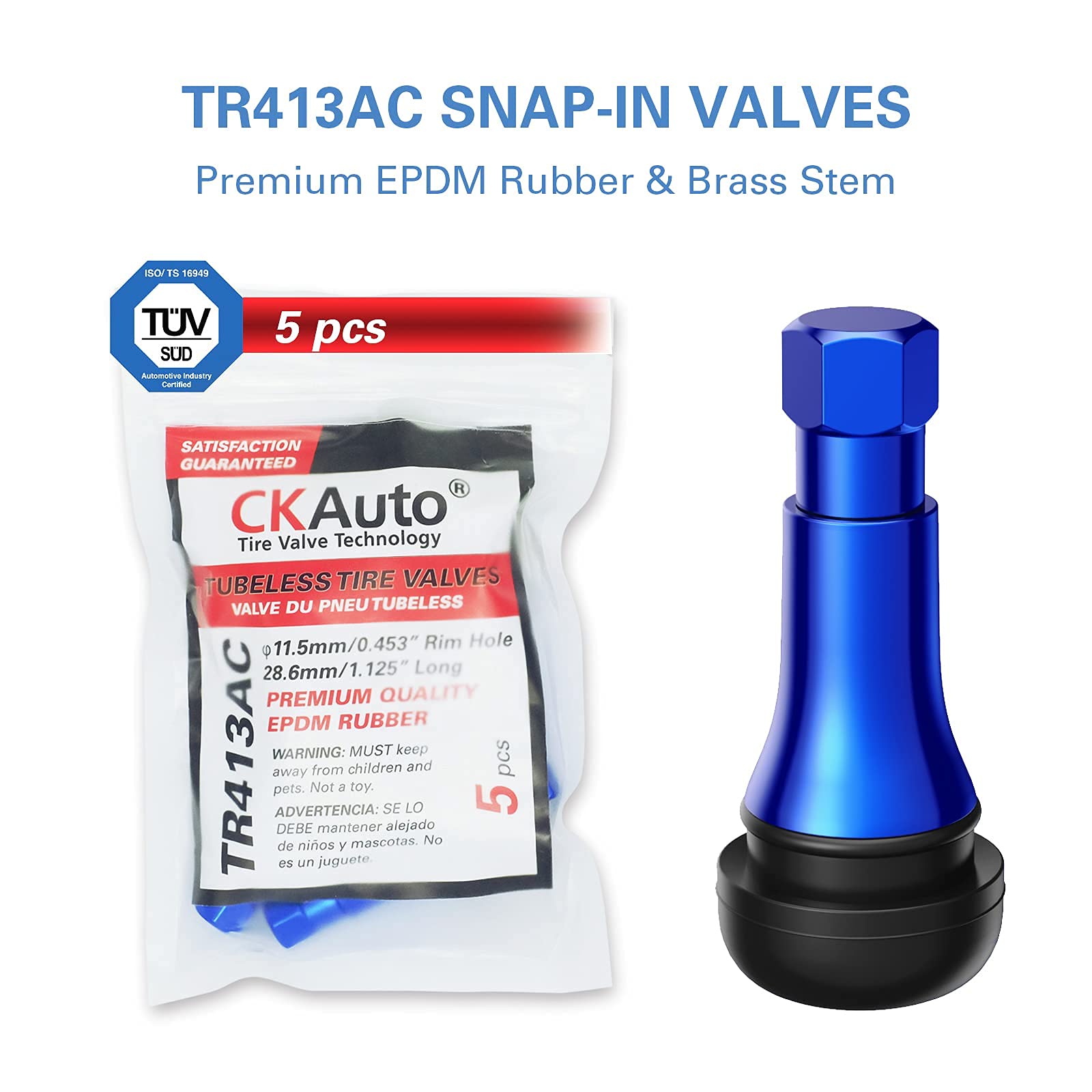 Ckauto Tr413Ac Blue Chrome Rubber Snap-In Tire Valve Stems (5 Pack)