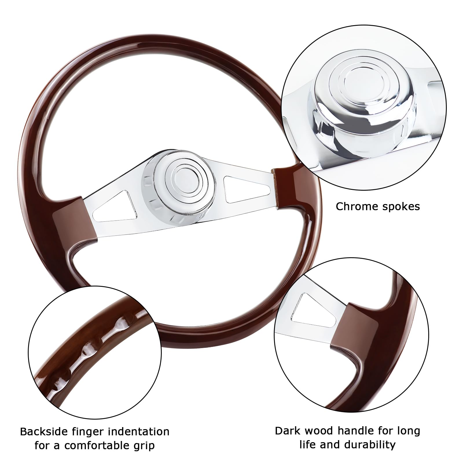 QYMOPAY 18'''' Solid Wood Truck Steering Wheel 2 Spoke Aluminum Chrome Plated for Semi-Trailers,Trucks for Kenworth,Peterbilt,Vo