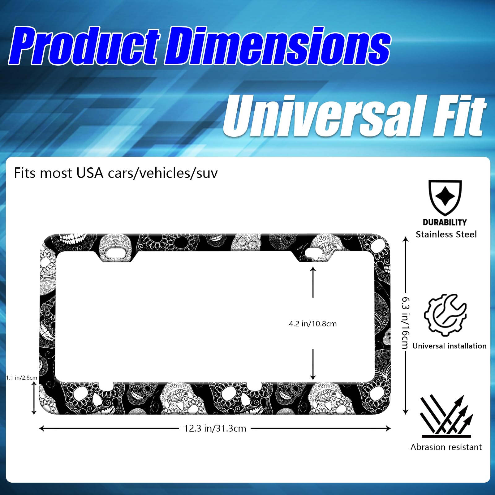 Sugar Skull License Plate Frames Black and White License Plate Holder for Car Decor Parts Personalized Stainless Steel License P