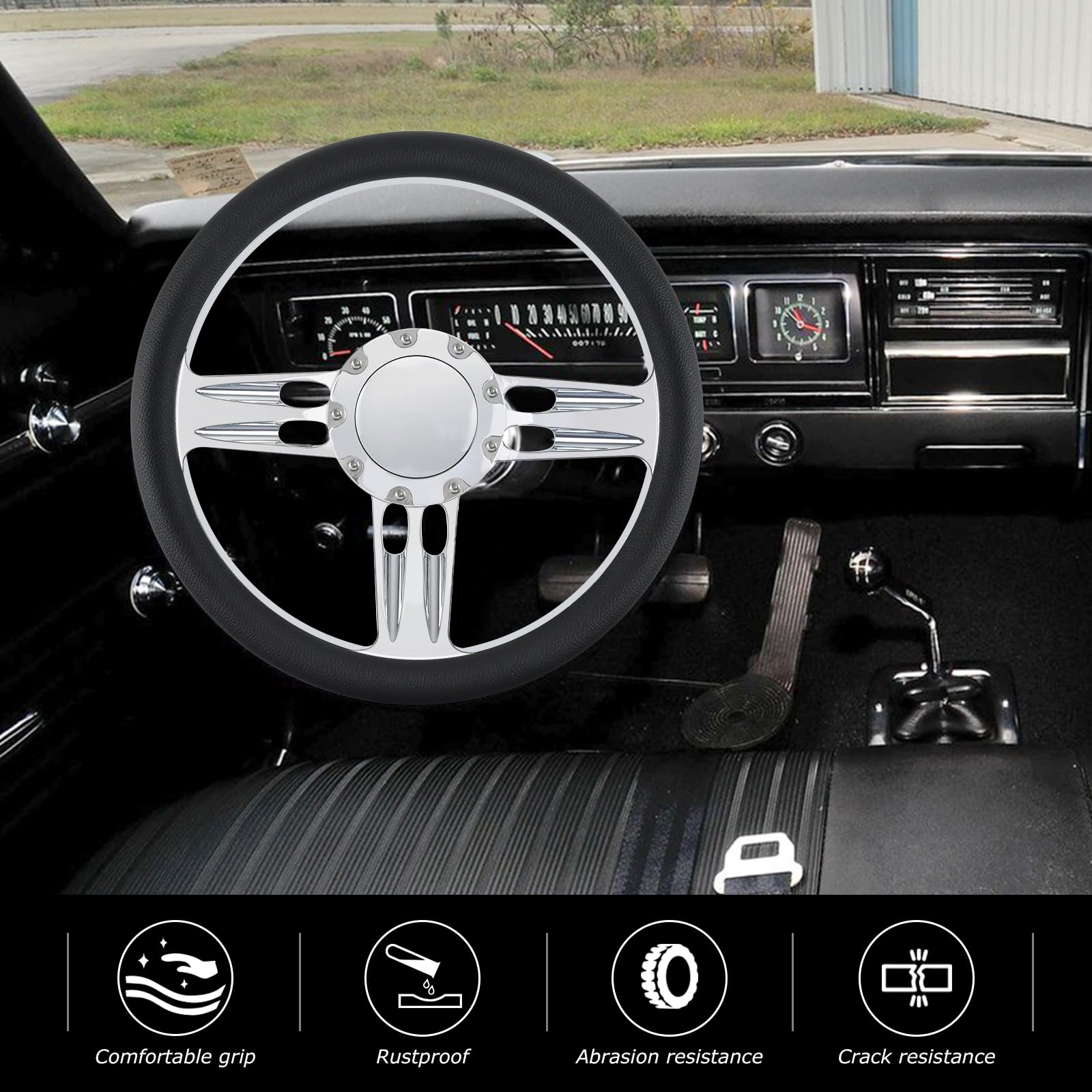 QYMOPAY 14 Black Leather 3 Spoke Steering Wheel - Fits Most 9 Hole Car Models, Durable Billet Design