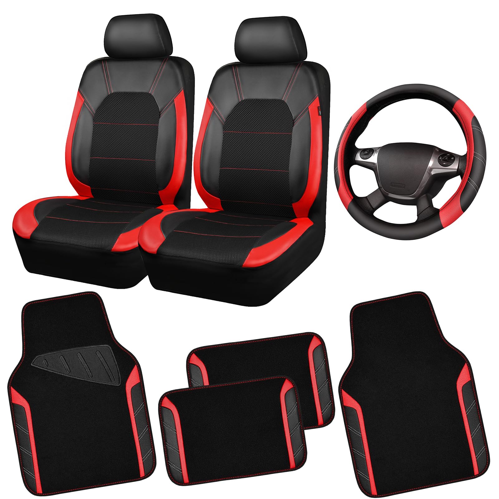 Car Pass Air Mesh Leather Car Seat Covers For Front Seats, Waterproof Car Floor Mats, Sporty Steering Wheel Cover, Universal Fit