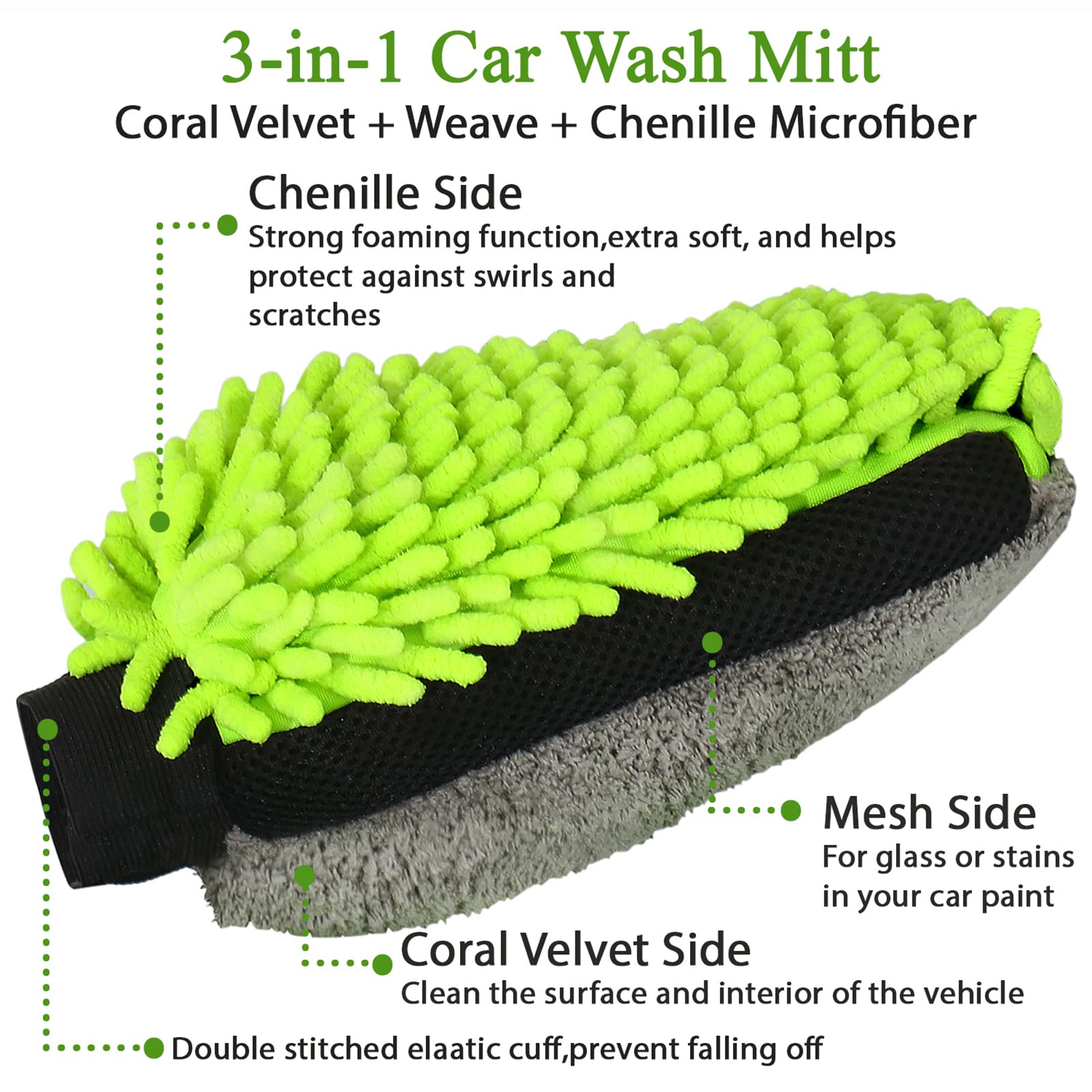 Greatcool Collapsible Bucket With 3-In-1 Car Wash Mitt, Coral Velvet + Weave + Chenille Microfiber Glove Sponge, 10L (2.6 Gallon